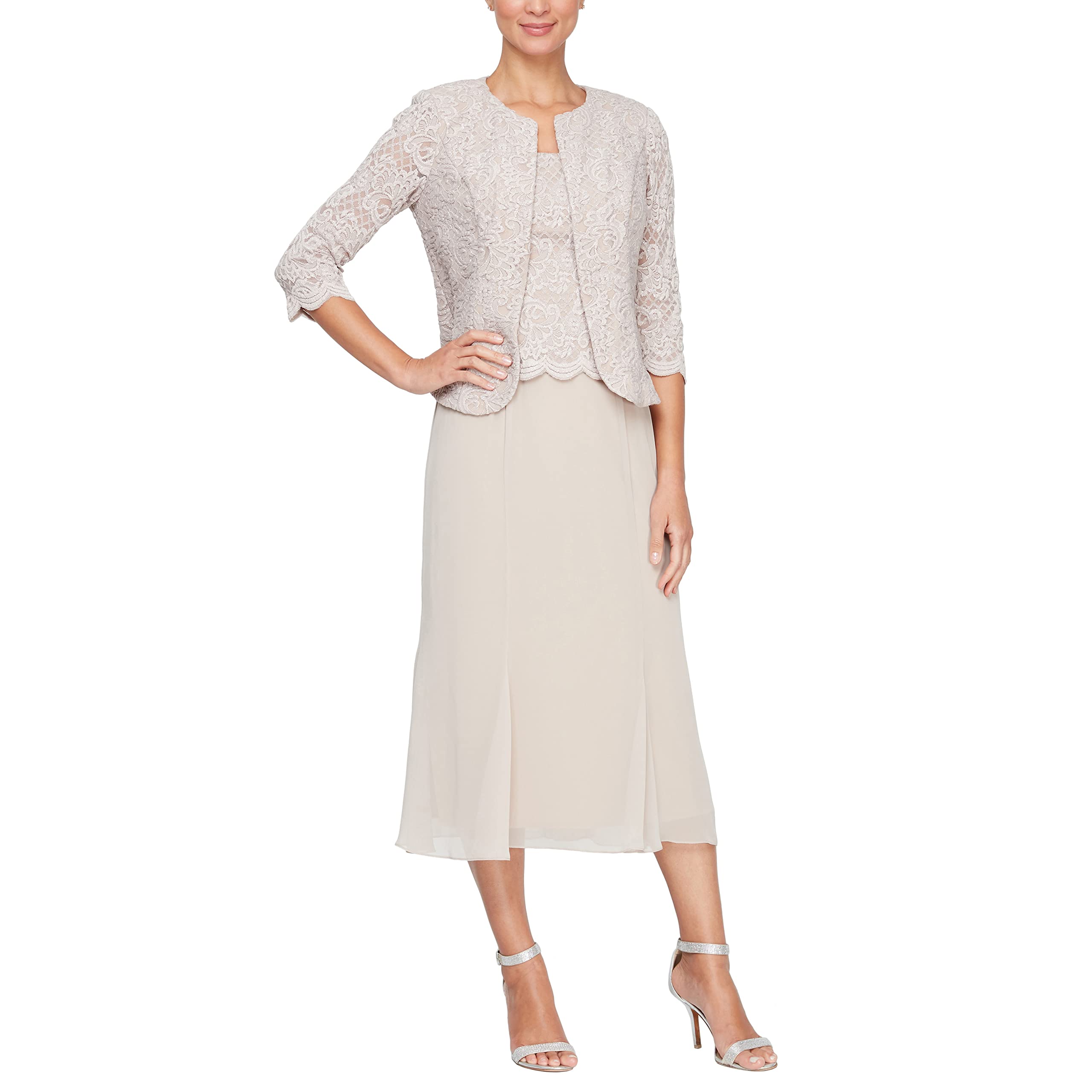 Alex Evenings Women's Tea Length Formal Dress for Weddings & Special Occasions | Petite & Regular Sizes | Taupe Buttonless Jacket | Size 10 | Perfect for Bridal Showers, Cocktail Parties & Evening Events