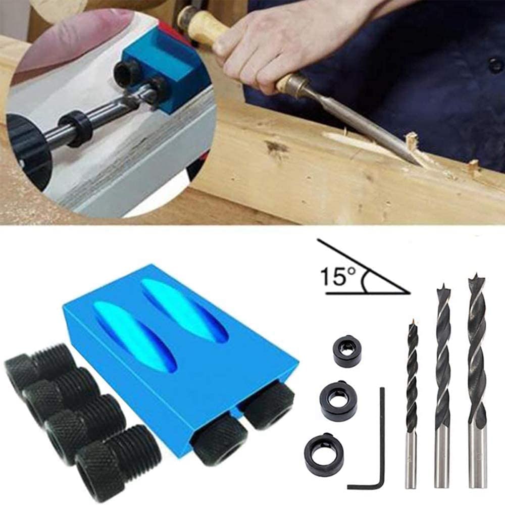 14PCS Pocket Hole Jig Drill Kit with 6/8/10mm Drill Bits - 15 Degree Dowel Joinery Kit for Woodworking | Includes Drill Stoppers, Sleeves & Hex Key | Perfect for Cabinet Making, Furniture Assembly & DIY Wood Projects