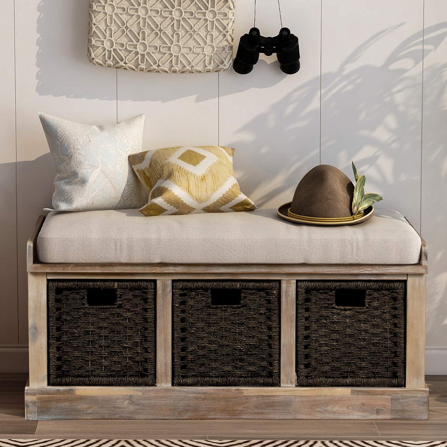 Harper & Bright Designs Rustic Entryway Storage Bench with 3 Removable Baskets & Cushion - Shoe Organizer Bench for Living Room, Hallway, Bedroom - Perfect for Small Spaces, Entryway Decor & Shoe Storage Solutions