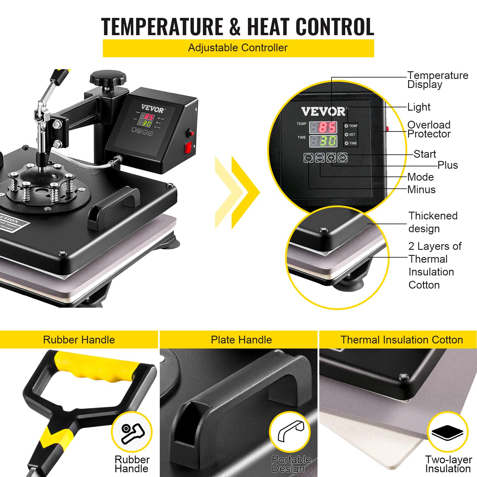 Mophorn 15x15 Inch 5-in-1 Heat Press Machine with Swing Away Design - T-Shirt Sublimation Printer, Mug, Hat & Plate Press Accessories - Teflon Coated Plates, ETL & FCC Certified (Black) - Perfect for DIY T-Shirts, Mugs, Hats & Custom Gifts