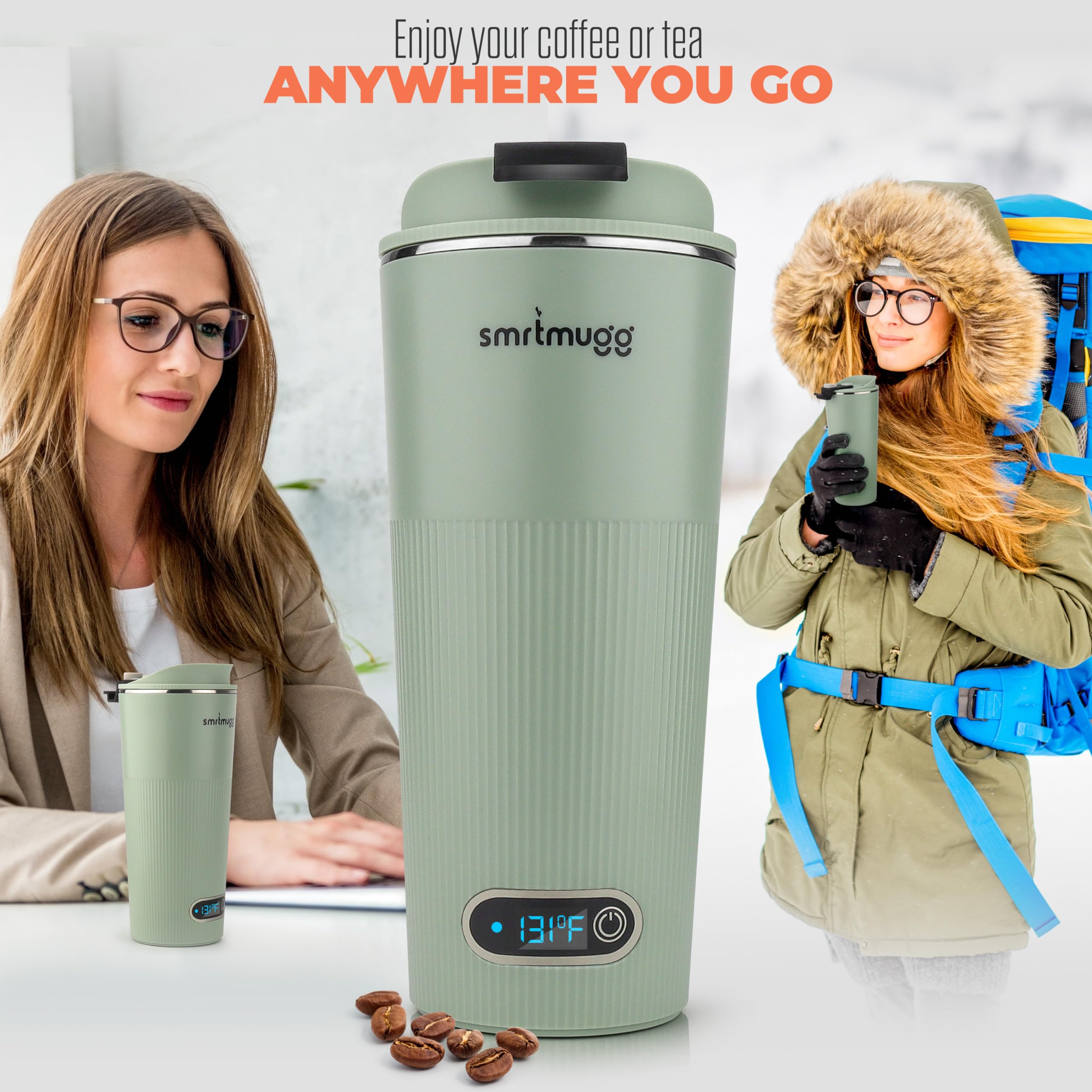 GO Smart Heated Coffee Mug 13.5oz - Battery Powered Travel Mug with Magnetic Charging - Keeps Coffee & Tea Warm for Hours - Perfect for Office, Commute & Outdoor Use (Mint Green)