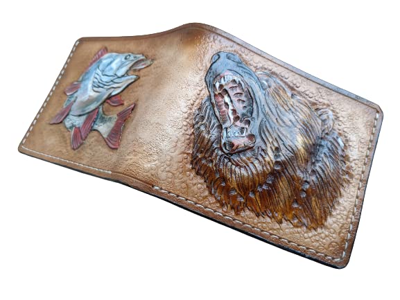 Grizzly Bear Hunting & Fishing 3D Genuine Leather Wallet for Men - Handmade Carved Bifold Wallet with Airbrush Art - Custom Personalized Tooled Leather Wallet for Outdoor Enthusiasts & Gift Giving