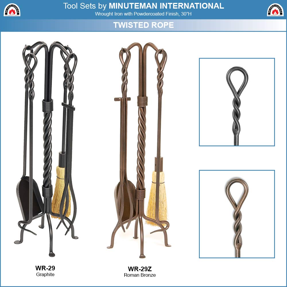 5-Piece Twisted Rope Wrought Iron Fireplace Tool Set in Graphite - Heavy Duty Fireplace Accessories for Wood Burning Stoves & Fire Pits