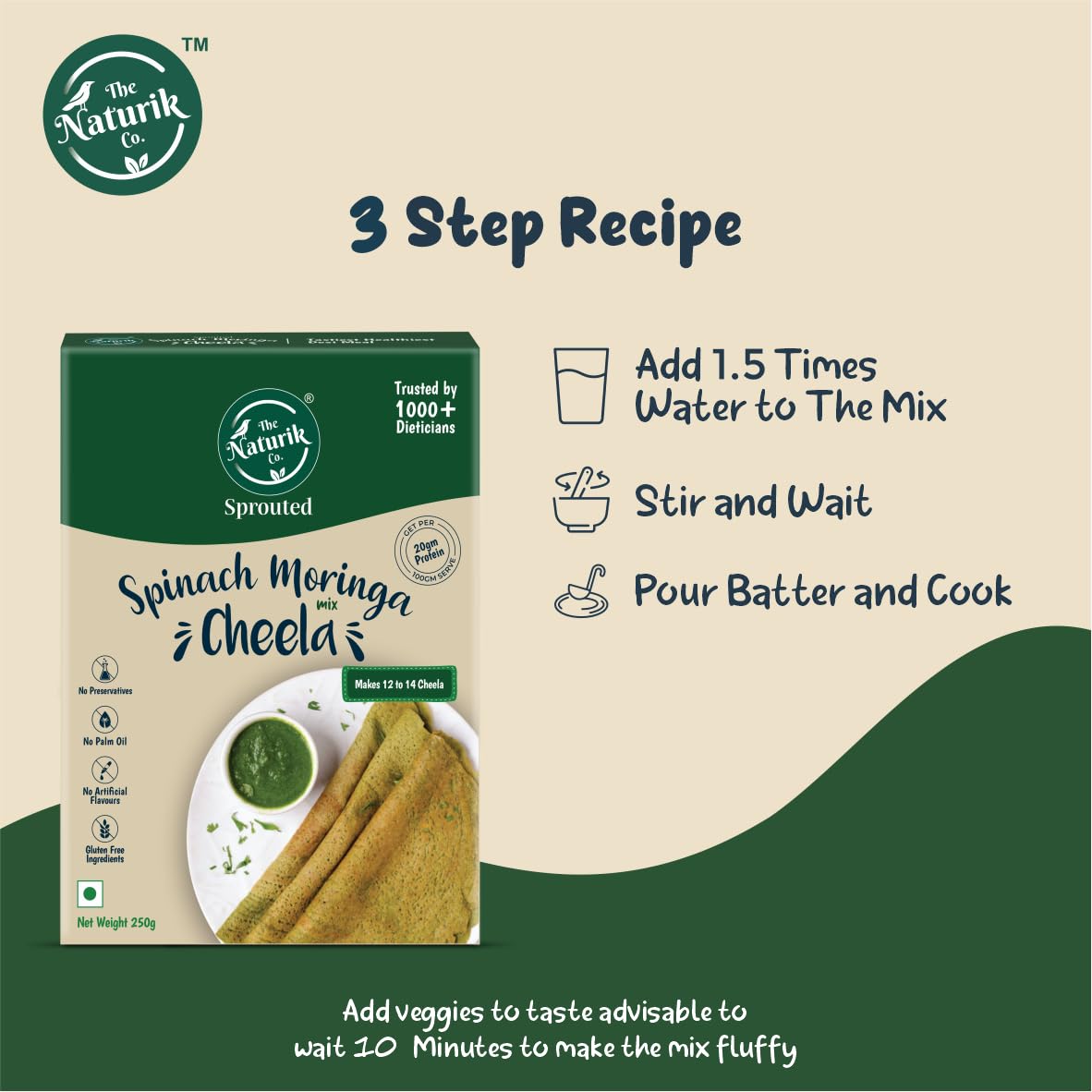 The Naturik Co Spinach Moringa Cheela Mix 250g - Ready to Cook Instant Chilla & Dosa Mix | Healthy Breakfast & Snack for Kids & Adults | Gluten-Free Vegan Indian Pancake Mix | Perfect for Quick Meals, Office Lunch & Family Dinners | As Seen On Shark Tank