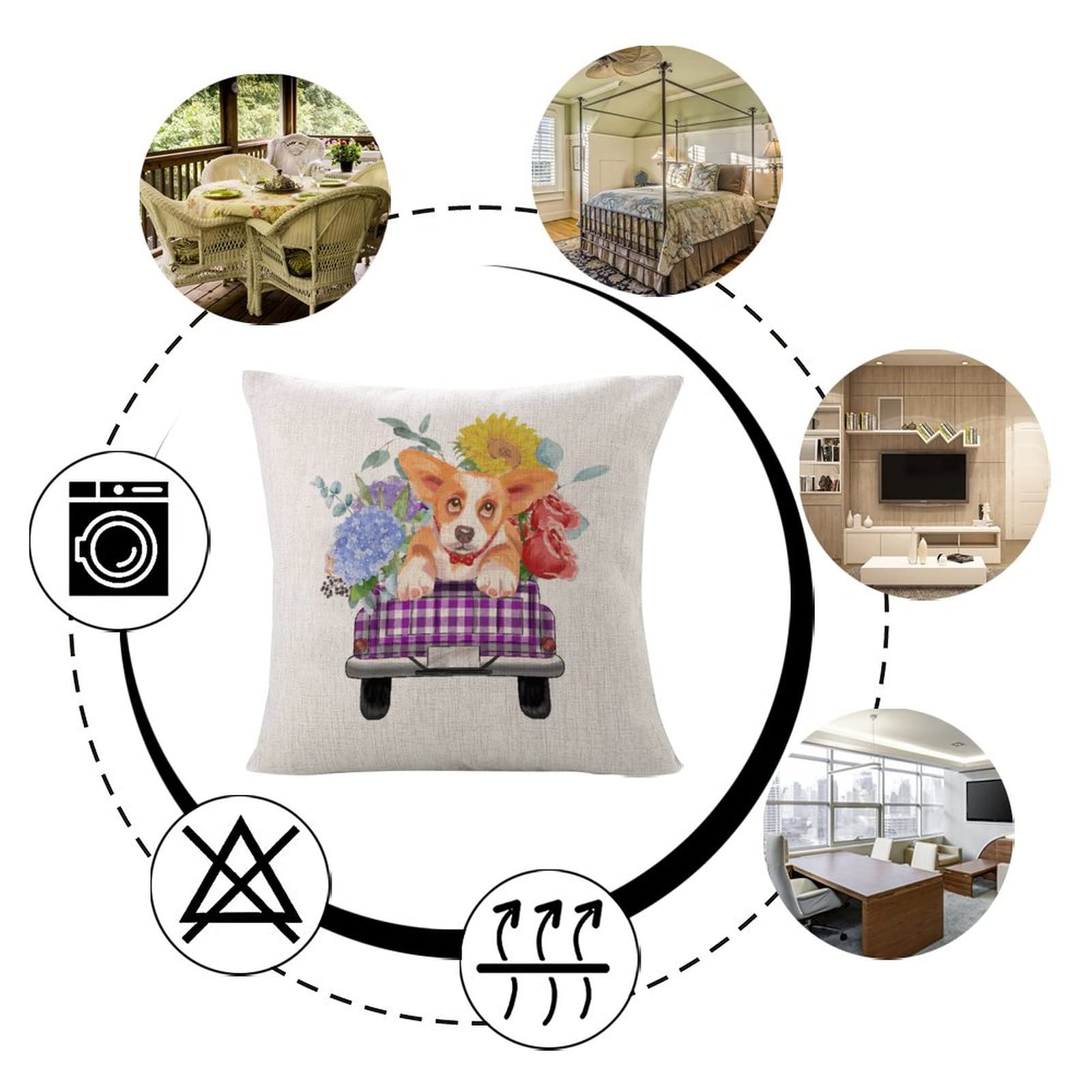Floral Truck and Dog Square Cotton Linen Cushion Covers - Durable Zippered Throw Pillowcases for Sofa, Bedroom, Living Room & Car - Home Decor & Cozy Indoor Comfort