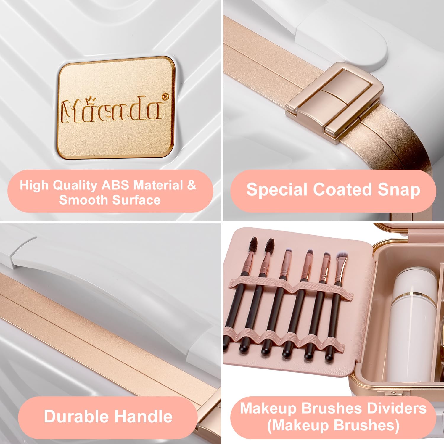 Premium Mocado Travel Makeup Case with LED Lighted Mirror & 8 Brushes - Adjustable Brightness Cosmetic Organizer with 10x Magnifying Mirror & Brush Divider (White) - Perfect for Travel, Home Vanity & Professional Makeup Artists