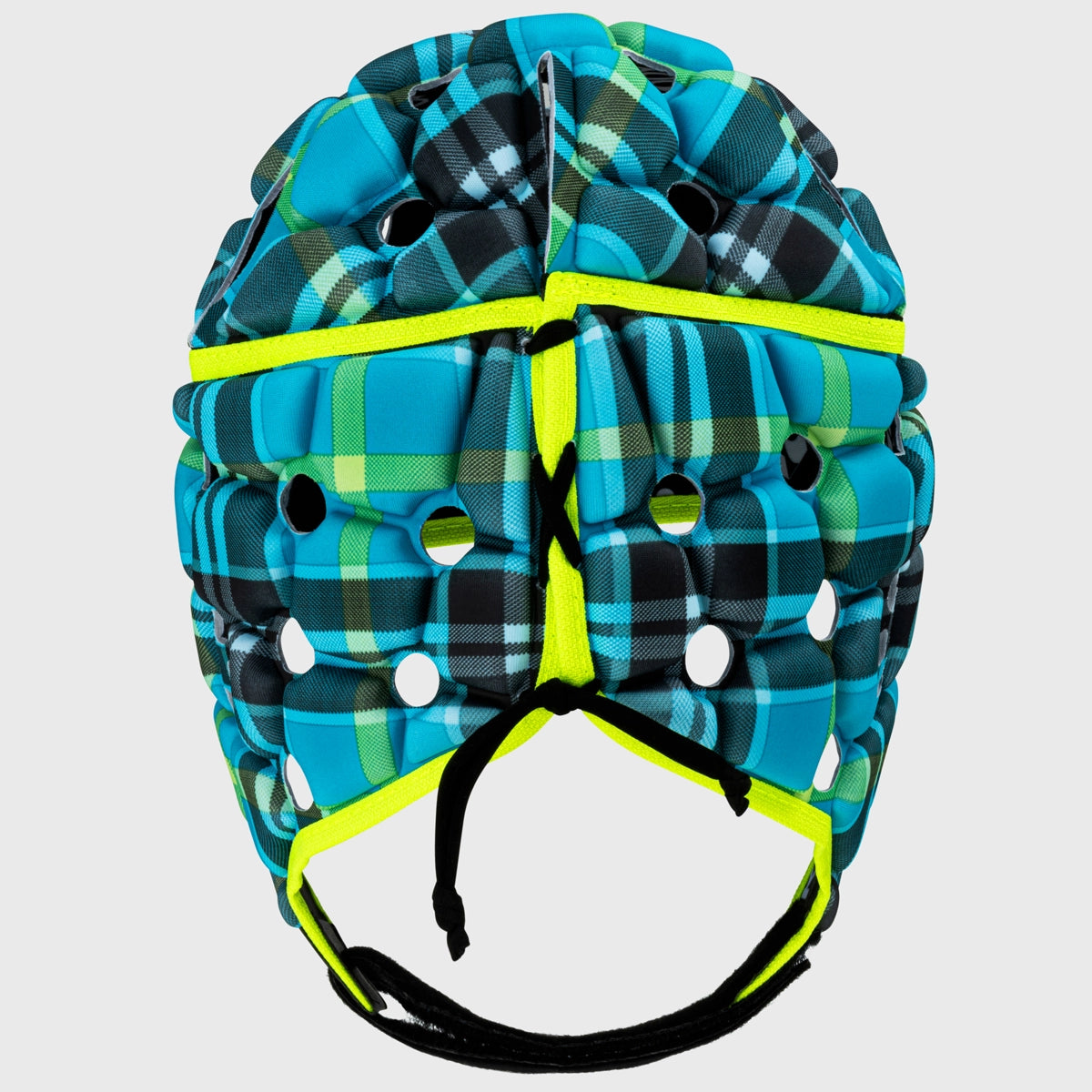 Ventilated Rugby Headguard - Body Armour Protection in Cyan Tartan Design for Enhanced Safety & Comfort | Perfect for Rugby, Football & Contact Sports