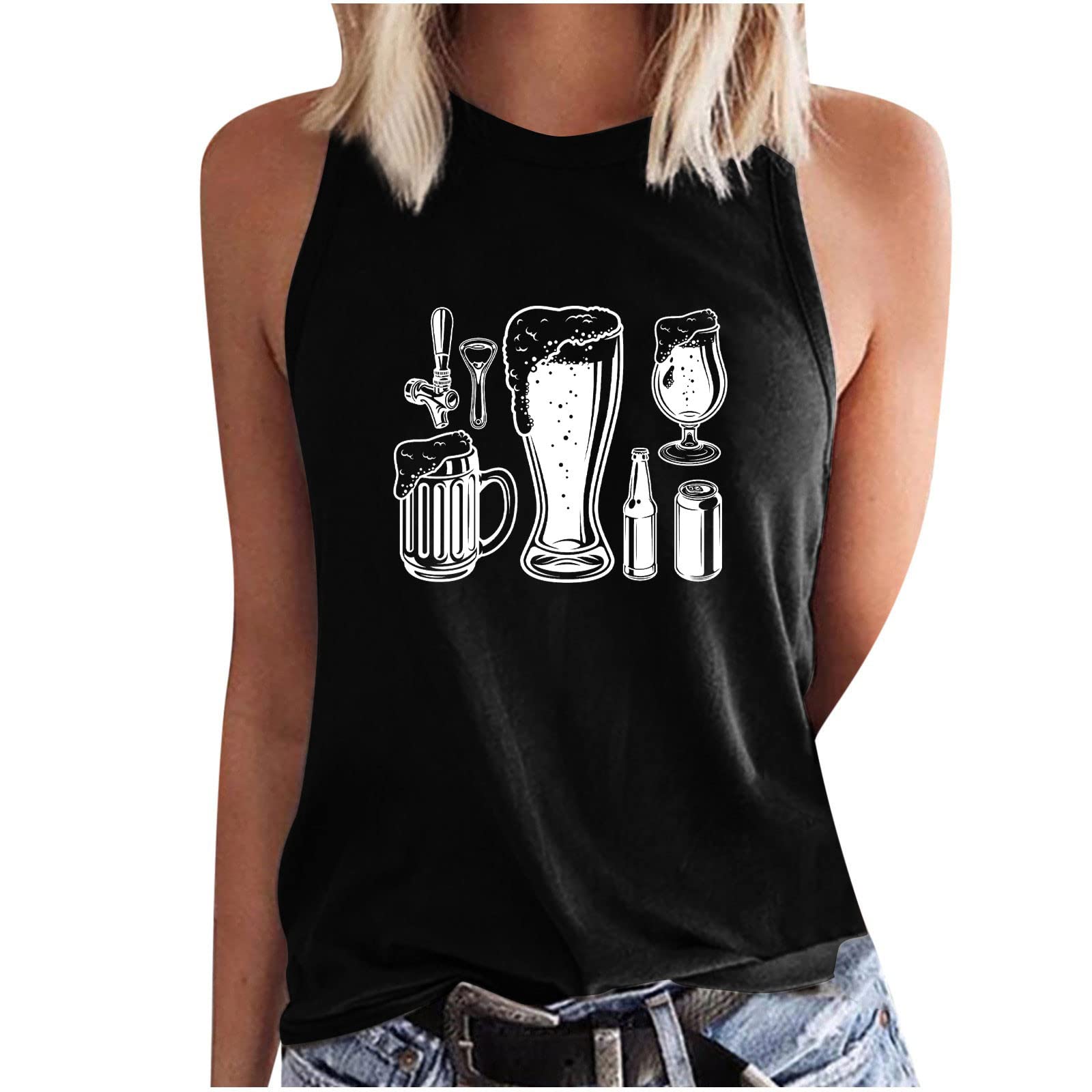 Oktoberfest Women's High Neck Sleeveless Blouse - Beer Graphic Tee Cute Summer Tops for Women | Trendy Going Out Top for Parties, Festivals & Casual Wear