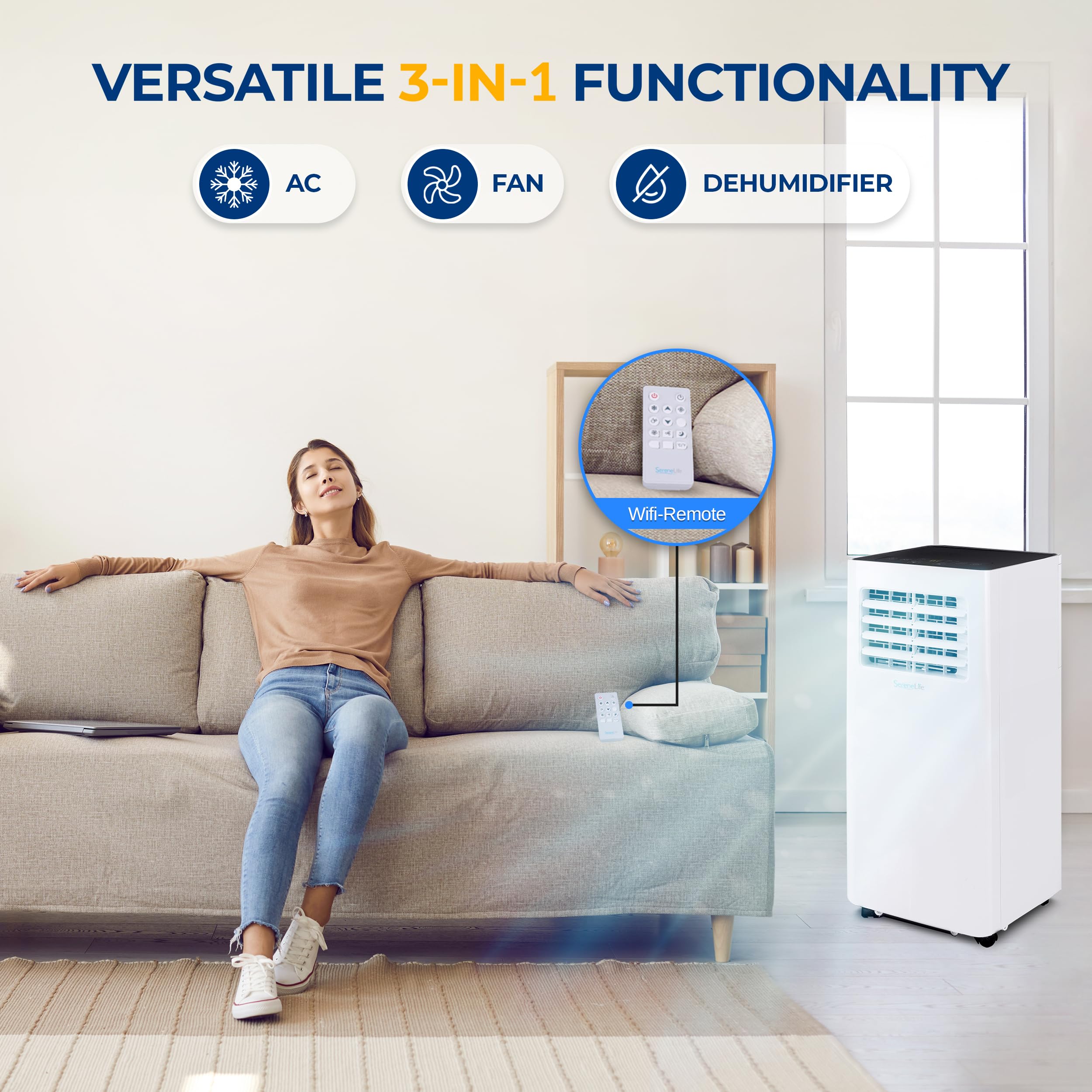 SereneLife 10,000 BTU Portable Air Conditioner with Dehumidifier - WiFi & Remote Control for Rooms Up to 450 Sq Ft - Window Mount Kit Included - Perfect for Bedroom, Office & Small Spaces Cooling
