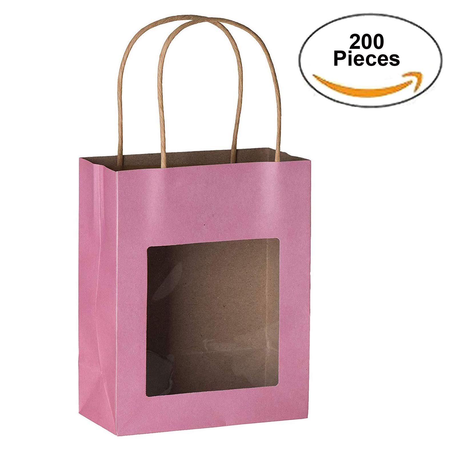 Premium Pink Kraft Gift Bags with Handles - Bulk 200 Pack Medium Size 7.75