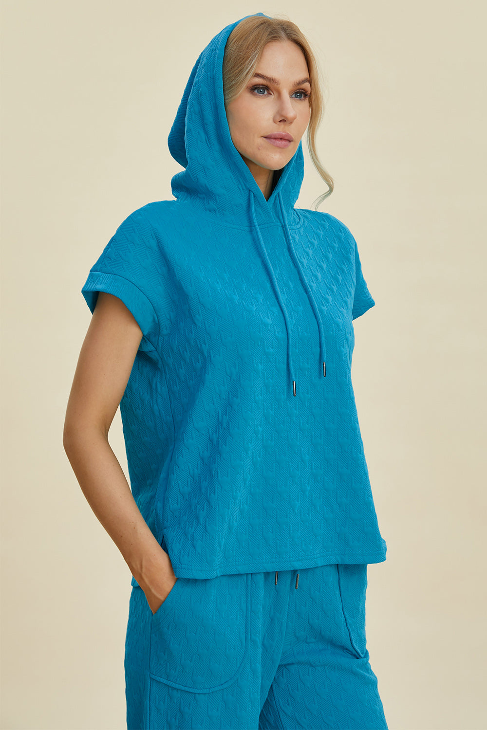 Double Take Full Size Textured Drawstring Short Sleeve Hoodie & Pocketed Pants Set - Casual Loungewear for Men and Women | Perfect for Home, Gym, and Outdoor Activities