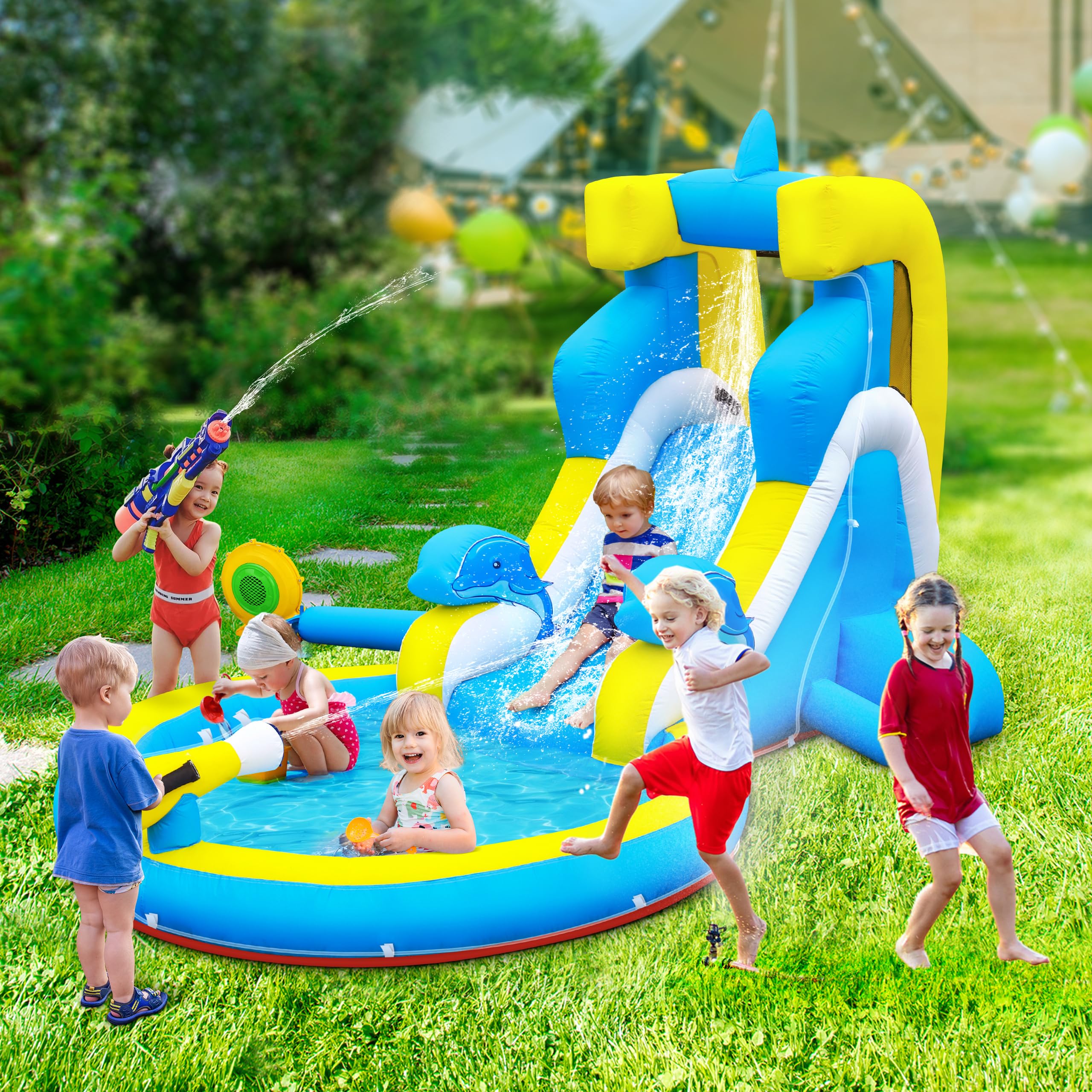 **Inflatable Water Slide for Kids - 4-in-1 Bounce House with Climbing Wall, Splash Pool & Water Cannon - 370W Blower - Wet & Dry Play - Indoor & Outdoor Backyard Birthday Party Fun**    *(Use Case: Perfect for summer parties, backyard fun, family gatherings, and kids' birthday celebrations!)*