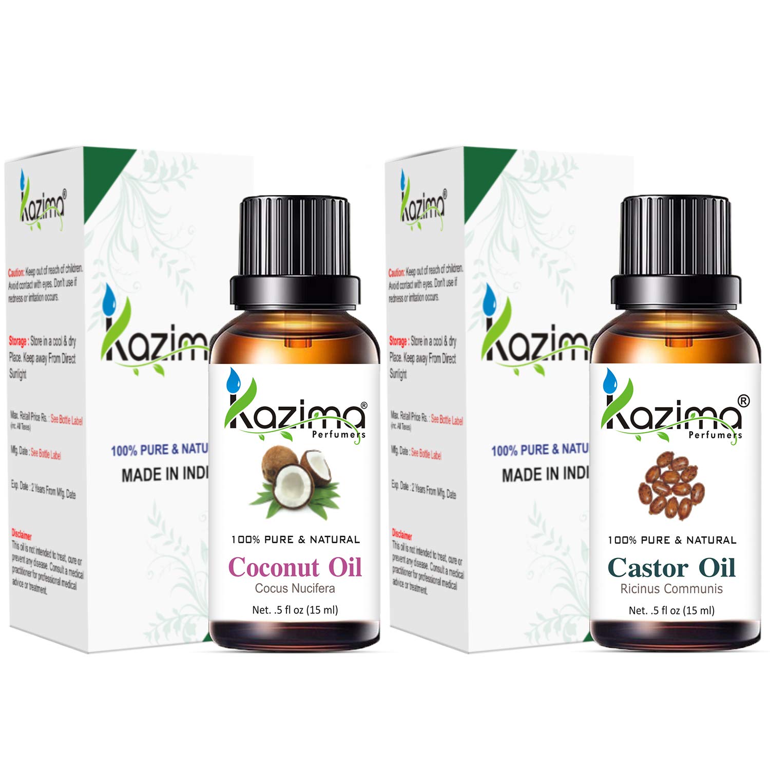 KAZIMA Cold Pressed Castor Oil & Coconut Oil Combo for Hair Growth, Skin Care & Body Moisturizing – 15ml Each | Natural Carrier Oils for DIY Beauty, Massage & Aromatherapy