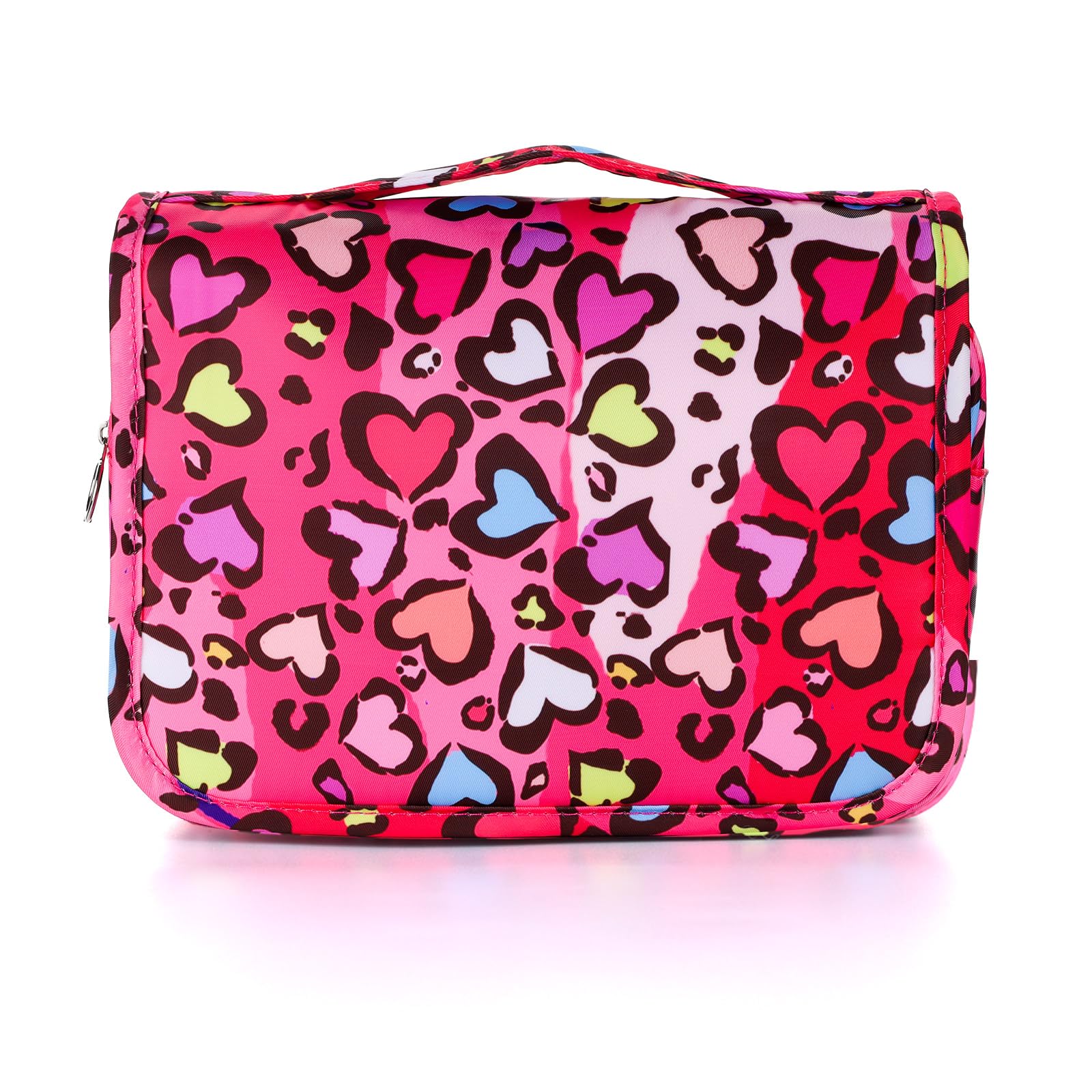 Waterproof Kids Hanging Toiletry Bag for Girls - Travel Cosmetic Makeup Wash Bag for Toddlers & Little Girls (Leopard Red) - Perfect for School Trips, Sleepovers & Family Vacations
