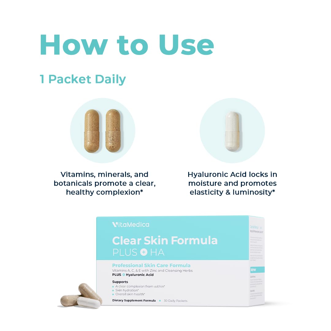 Vitamedica Clear Skin Formula with Hyaluronic Acid - 30-Day Supply of Daily Skin Care Supplement Packets for Acne & Blemish Control - Perfect for Teenagers & Adults with Oily or Problem Skin