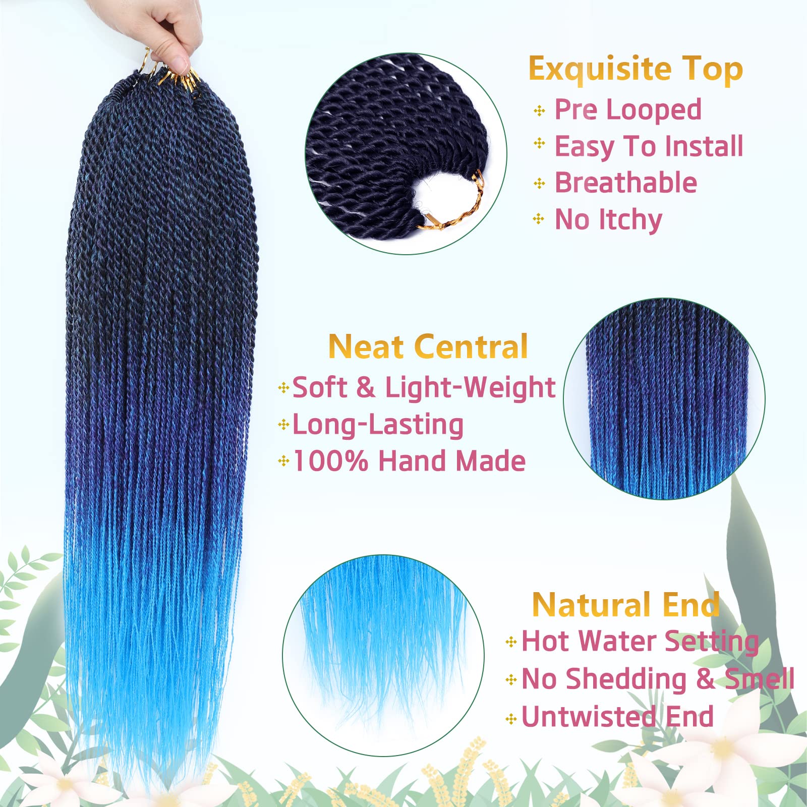MOSINA 18 Inch Blue Crochet Hair - 8 Packs Senegalese Twist Crochet Braids, 35 Strands/Pack, Hot Water Setting for Straight Style | Perfect for Protective Hairstyles, Box Braids, and Natural Hair Extensions