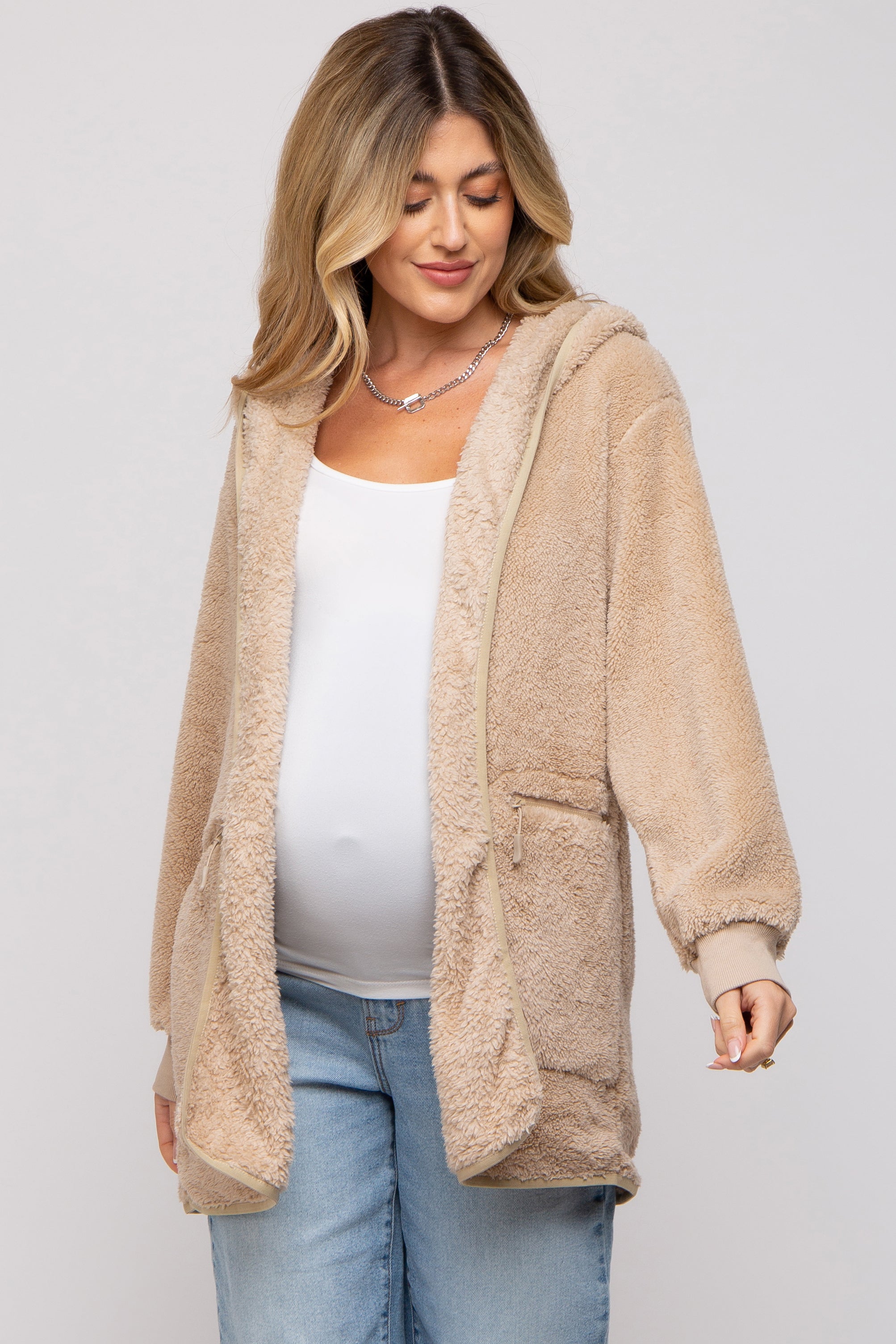 Soft Beige Fuzzy Knit Hooded Maternity Jacket - Cozy Winter Pregnancy Coat for Women | Perfect for Outdoor Walks & Casual Outfits