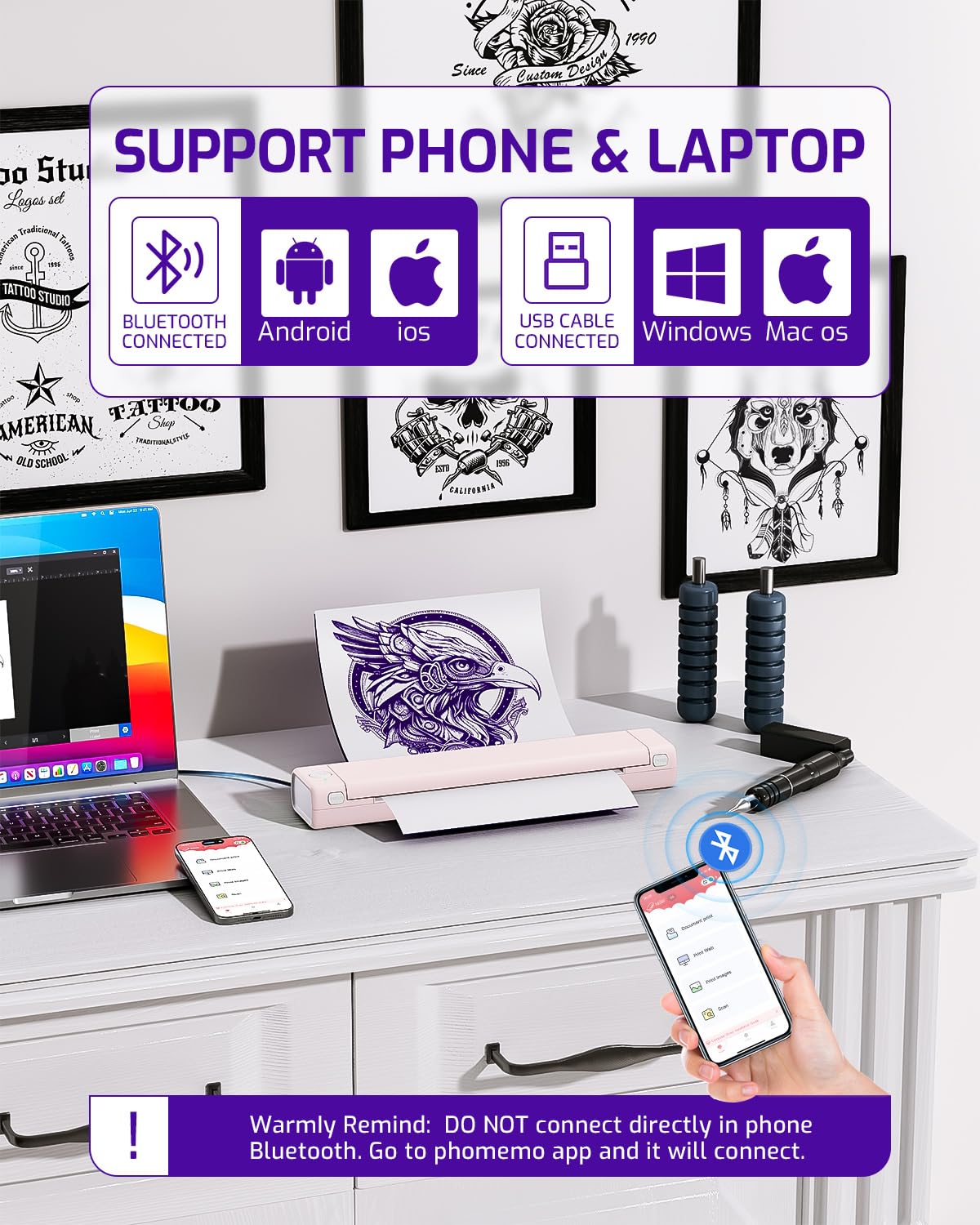 Phomemo M08F Wireless Tattoo Stencil Printer Kit - Portable Thermal Transfer Machine with 100 Sheets Tattoo Transfer Paper | Ideal for Tattoo Artists, Home Studios & Professional Tattoo Shops