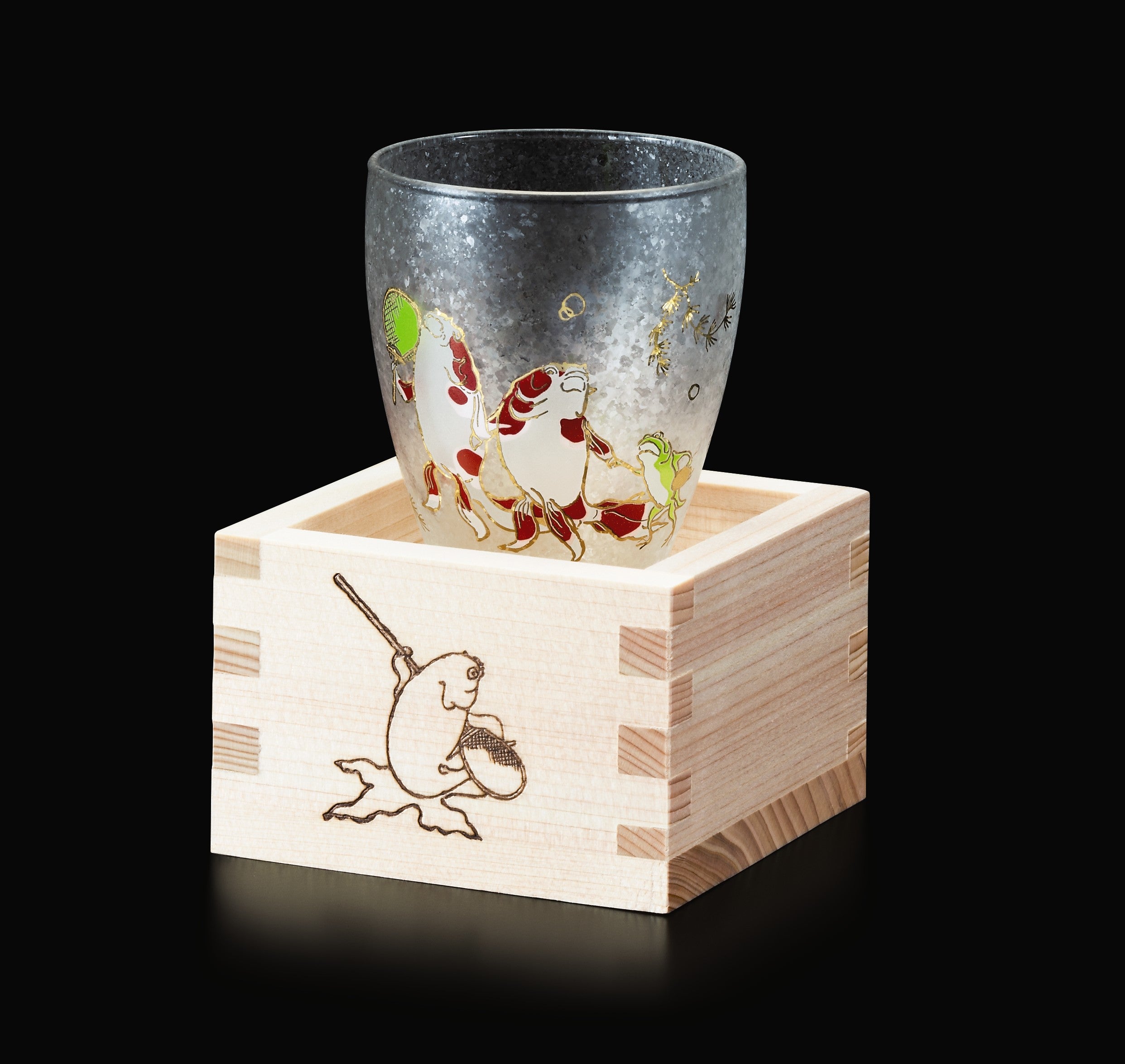 Lucky Animals Masuzake Sake Cup with Wooden Masu - Golden Fish Design for Japanese Sake Ceremony & Home Bar Decor