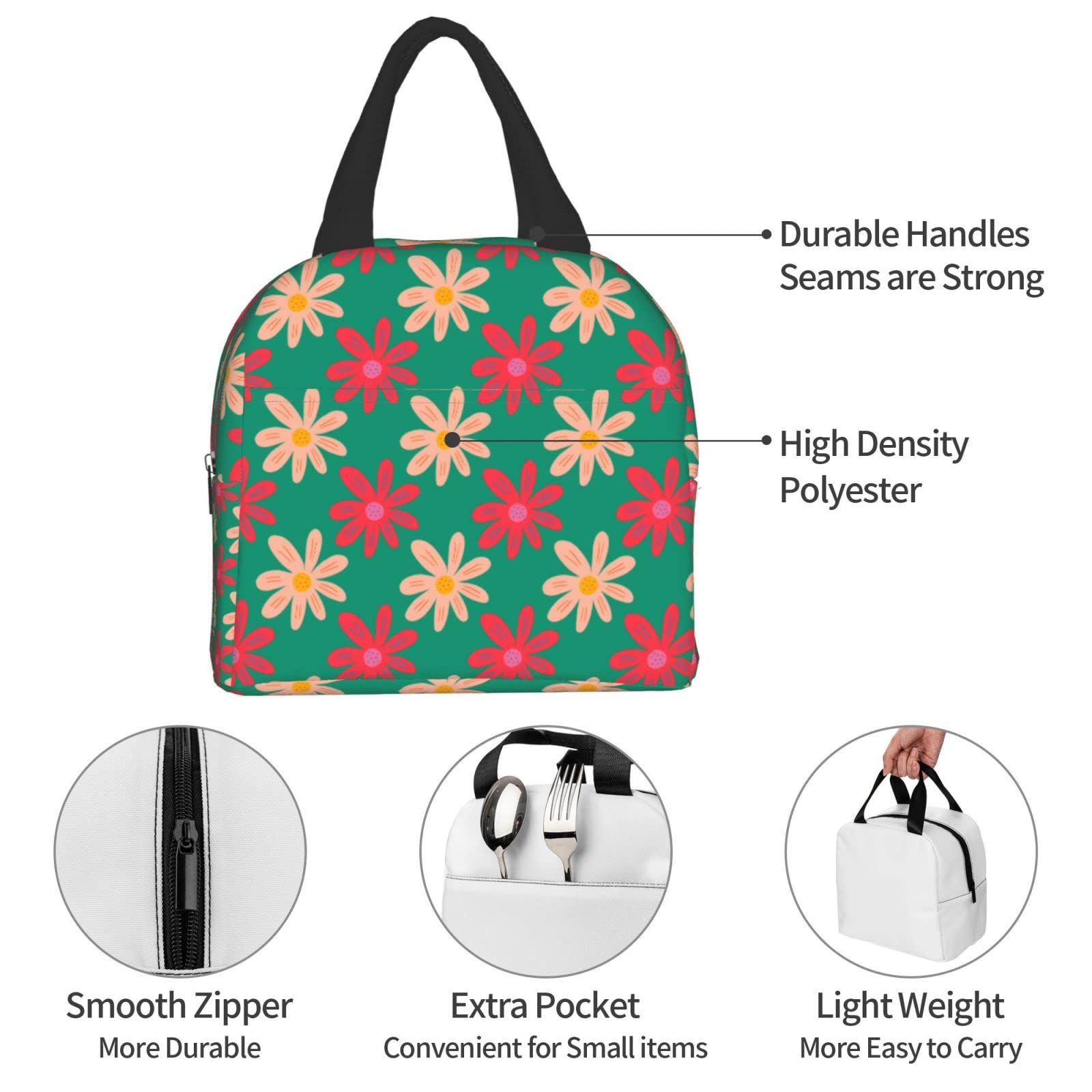 **Insulated Lunch Bag with Ditsy Flower Design - Reusable & Portable Meal Container for Men & Women - Perfect for Work, Travel, Picnic & Outdoor Activities**