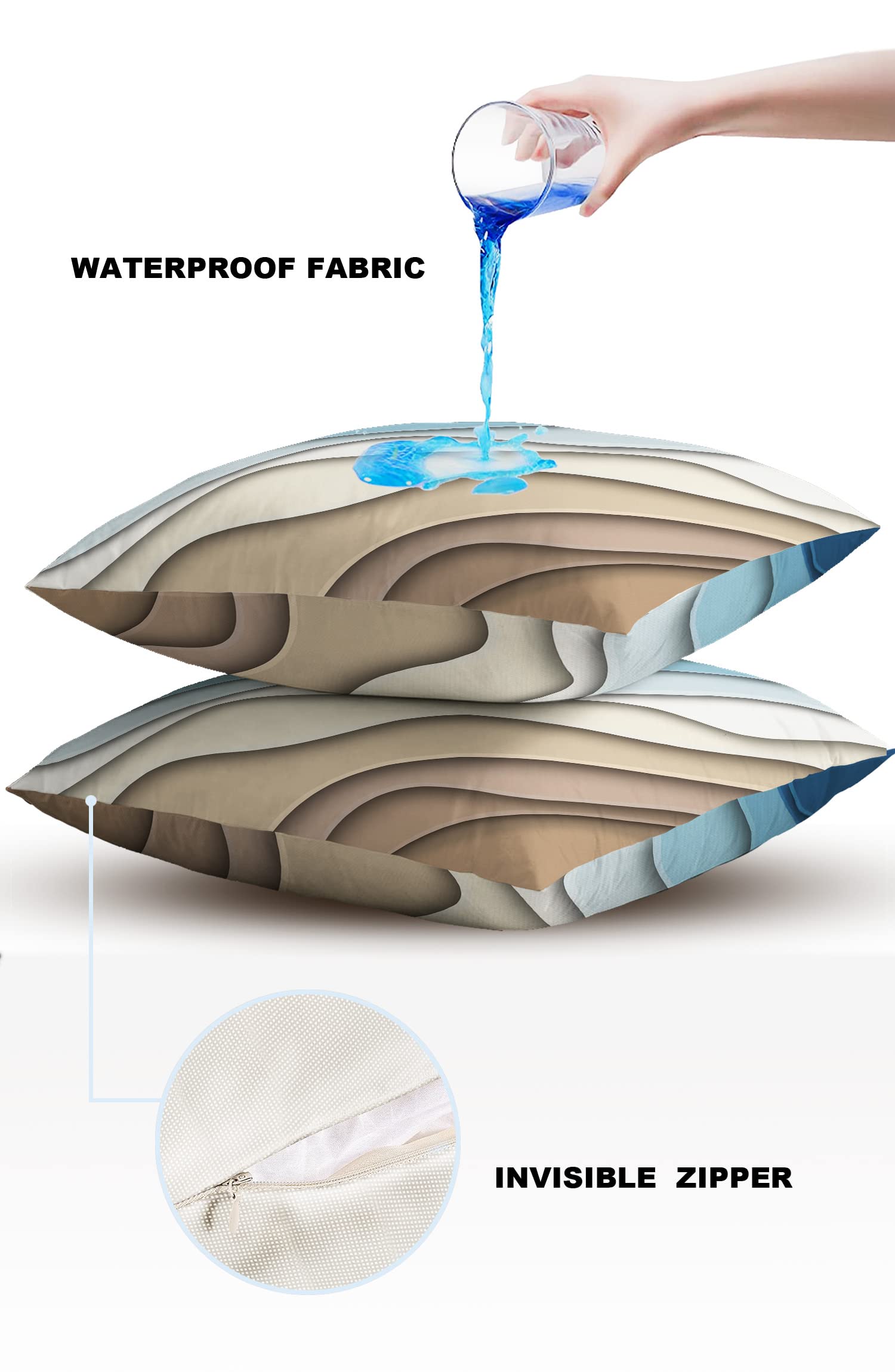 Waterproof Outdoor Throw Pillow Cover Set of 2 - Blue Modern Geometric & Brown Abstract Lumbar Pillowcases 26x26 Inches - Decorative Patio Furniture Cushions for Garden, Couch, Porch & Poolside Use