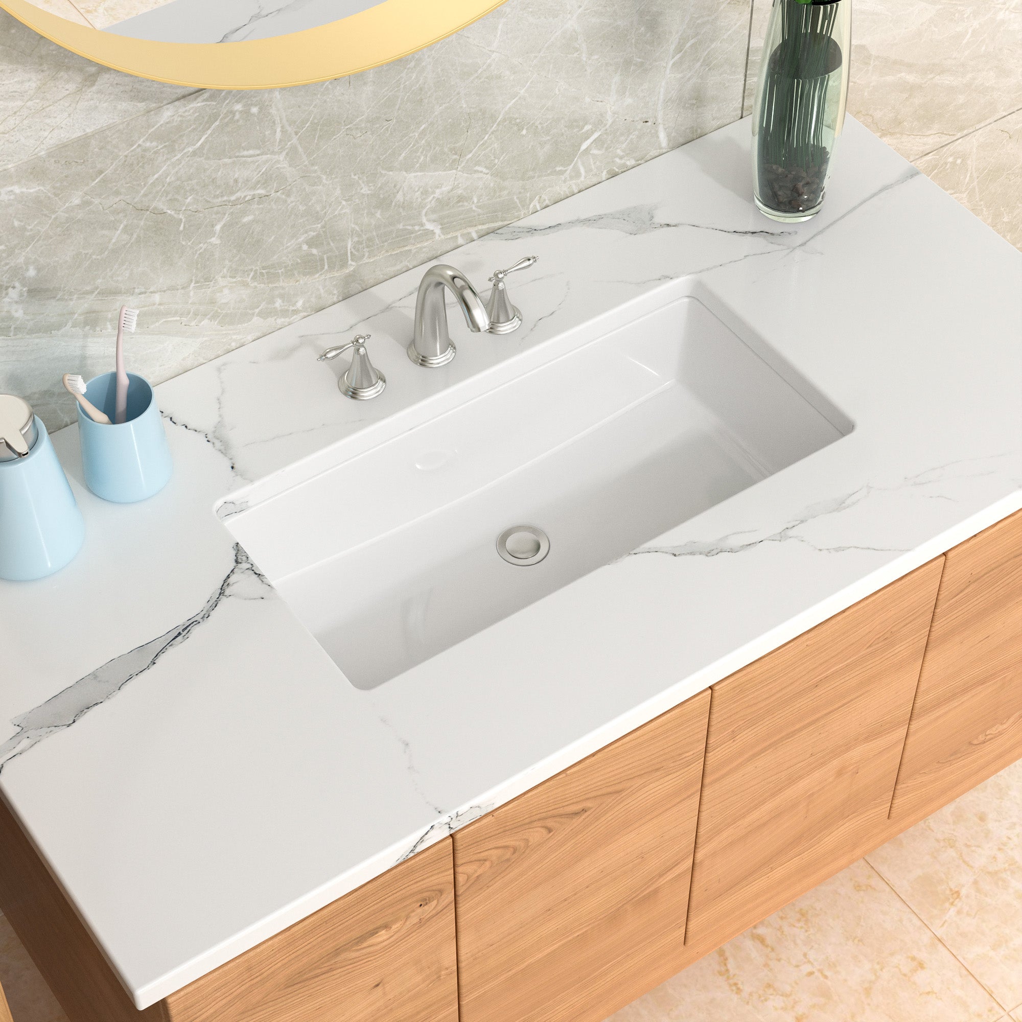 White Ceramic Undermount Rectangular Bathroom Sink - Modern Drop-in Vanity Sink for Bathroom & Powder Room Remodel | Durable Porcelain Basin for Countertop Installation
