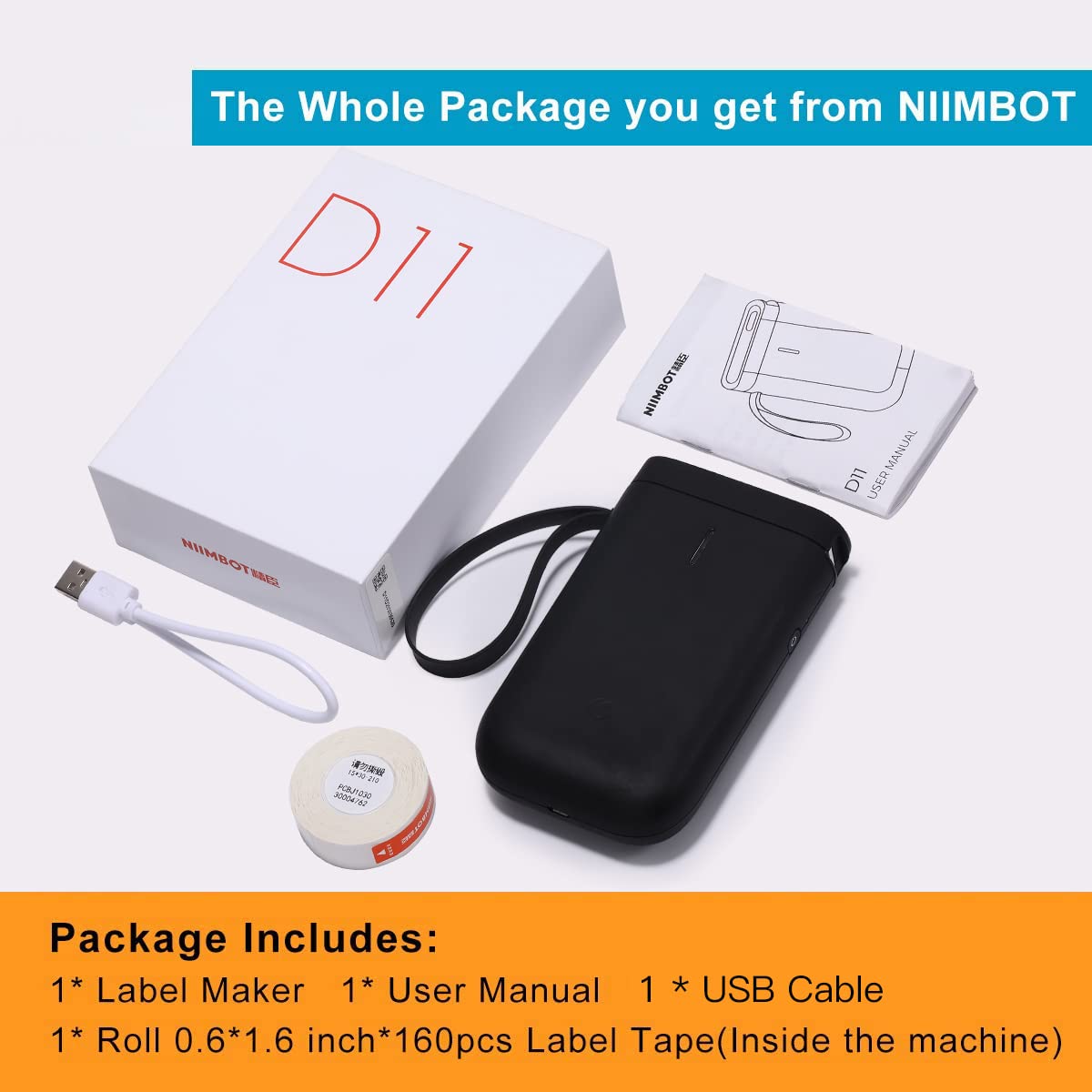 NIIMBOT D11 Portable Label Maker with Tape - Black | Ideal for Home, Office & School Organization | Perfect for Labeling Files, Storage Boxes & Supplies