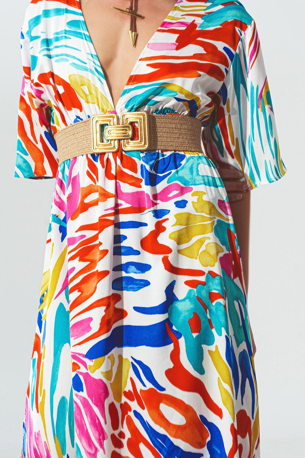 Elegant Long V-Neck Multicolor Print Robe - Perfect for Spa, Lounging & Relaxation at Home
