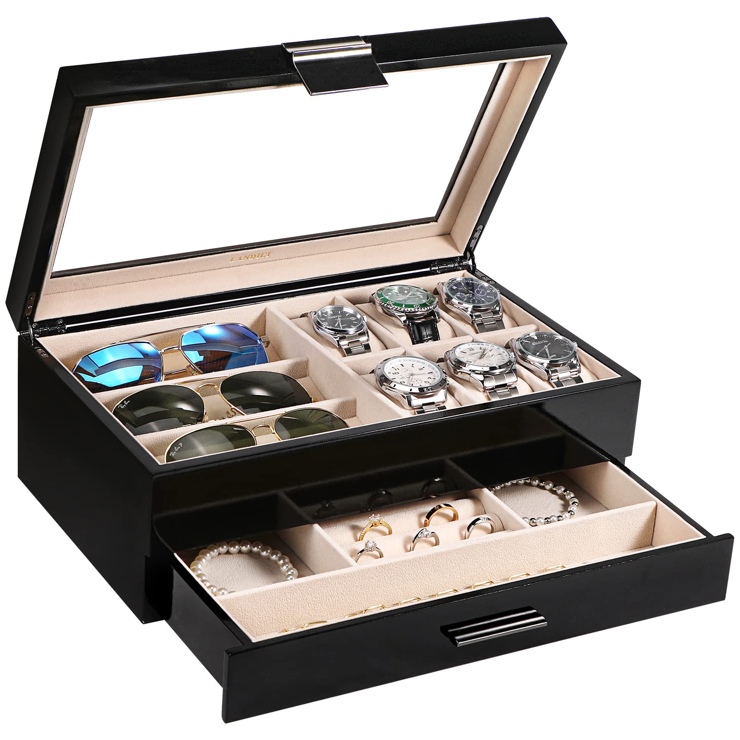 Premium Wooden Watch & Jewelry Box Organizer - 2-Layer Luxury Piano Paint Storage Case for Men & Women - Holds Watches, Sunglasses, Necklaces, Earrings & Rings - Perfect for Travel, Home Display & Gift Giving (Black)