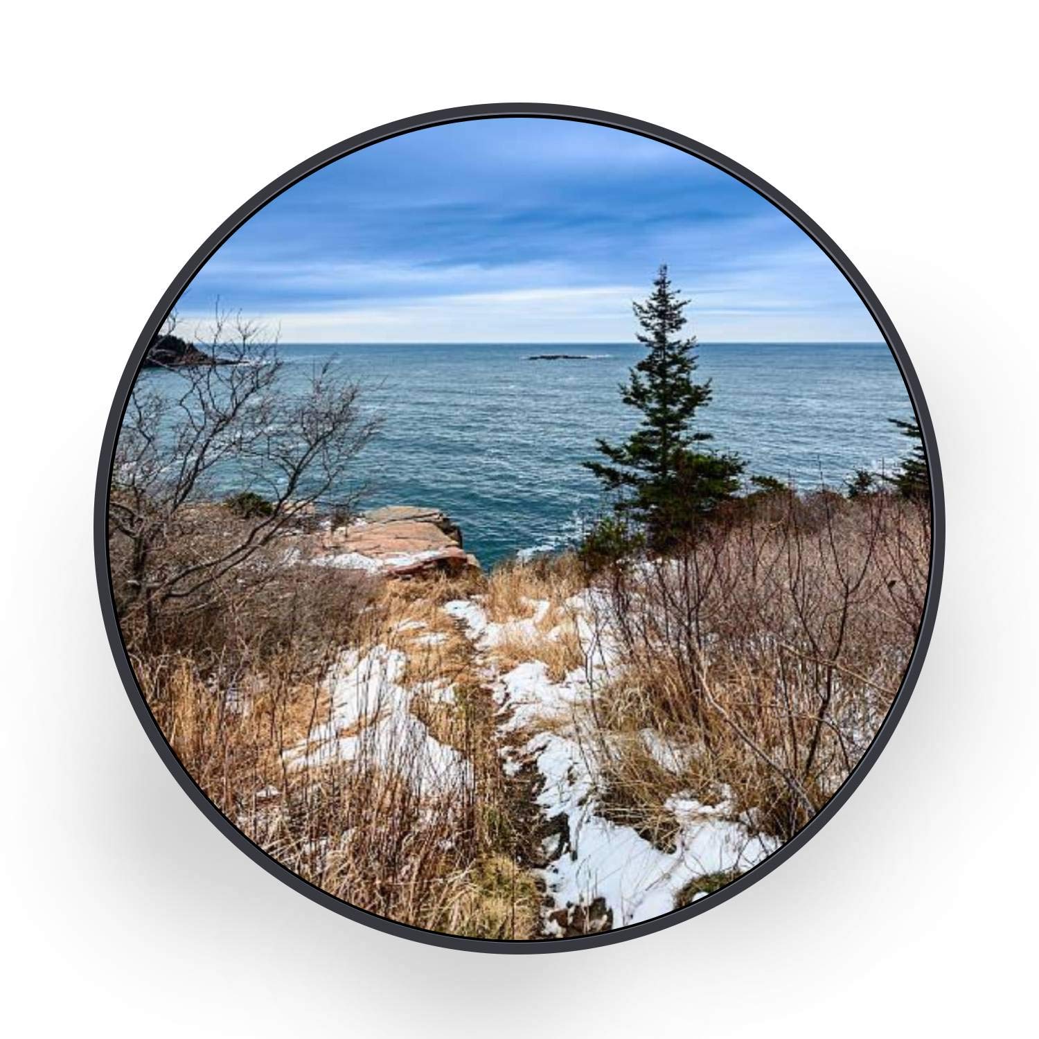 ERFEVBFEH Round Canvas Wall Art - Acadia National Park Bar Harbor Maine Landscape Painting - Black Framed Ready to Hang Wall Decor for Bedroom & Living Room - 32 Inch - Perfect for Coastal & Nature Inspired Home Decor