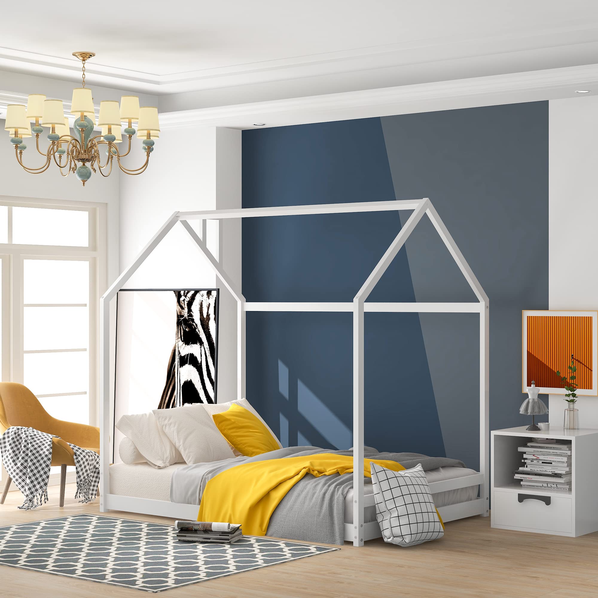 **White Wooden Twin House Bed Frame with Roof for Toddlers, Kids, Boys & Girls - Floor Bed, Tent Bed Design - No Box Spring Needed - Perfect for Bedrooms, Playrooms & Kids' Sleepovers**
