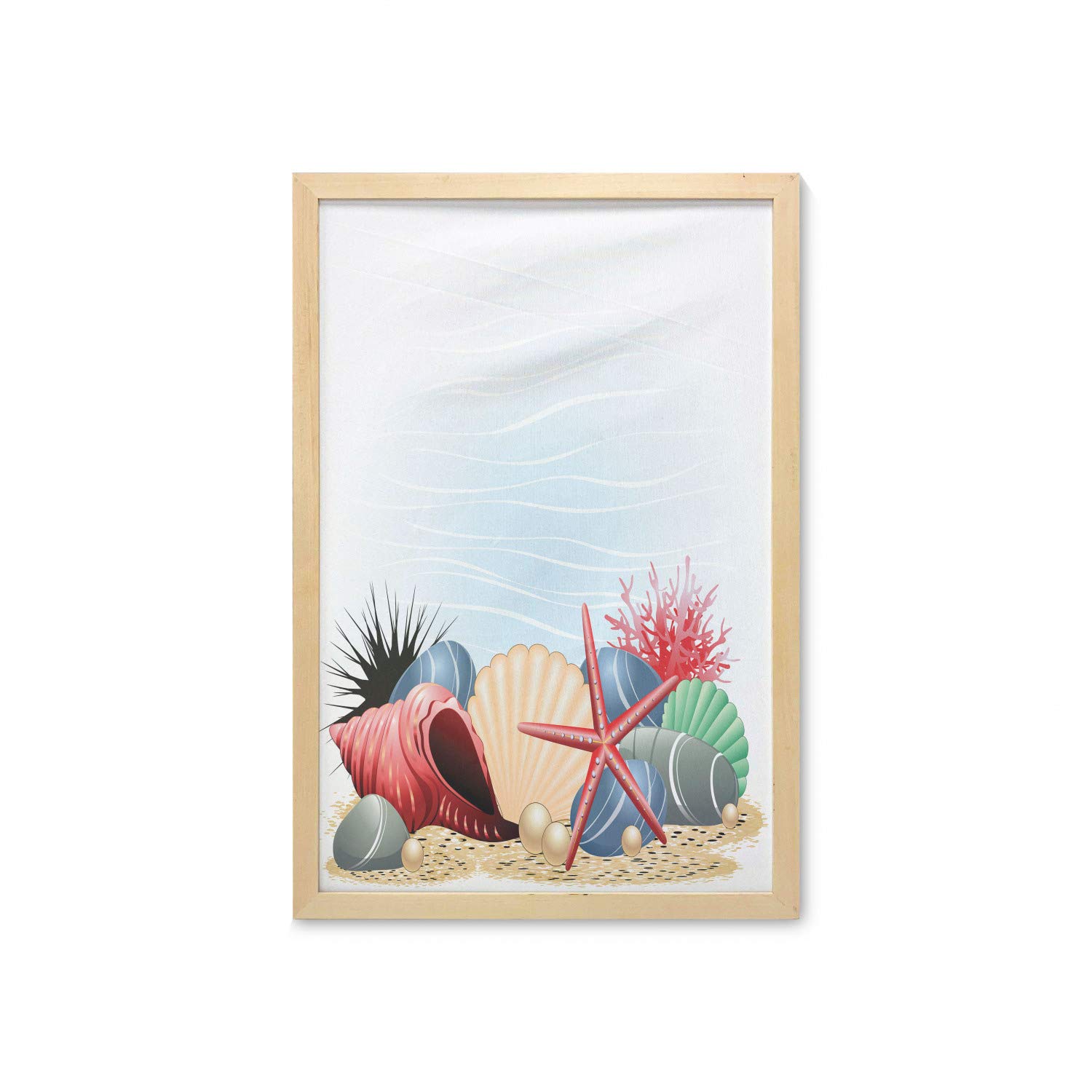 Ambesonne Pearls Wall Art with Frame - Underwater Life Illustration of Seashells, Starfish & Coral, Printed Fabric Poster for Bathroom, Living Room, Dorm Decor - 23