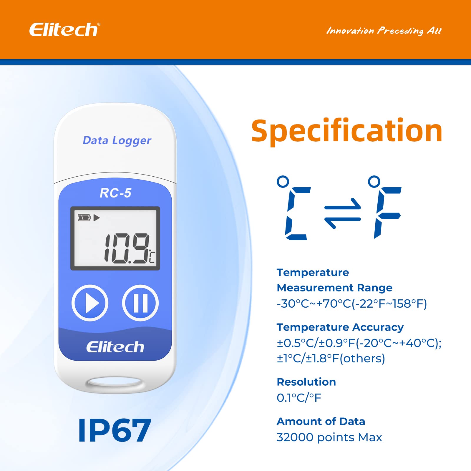 Elitech RC-5 USB Temperature Data Logger Recorder - High Accuracy 32000 Points (5 Pack) for Food Storage, Medical Supplies & Laboratory Monitoring