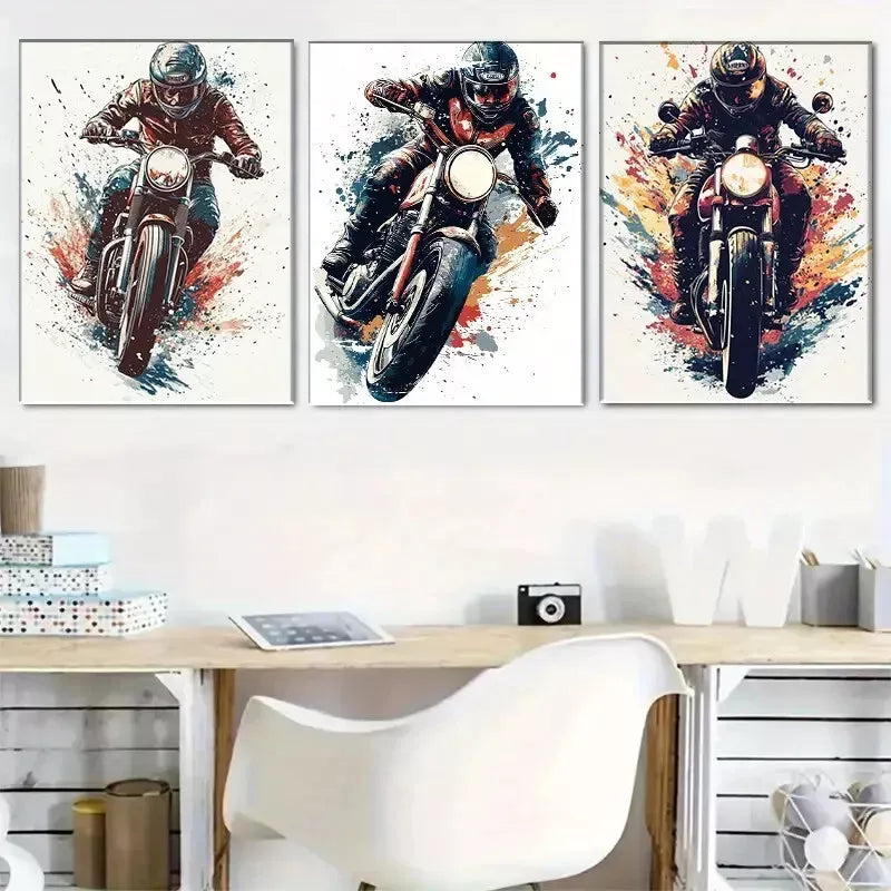3-Piece Vibrant Motorcycle Rider Wall Art Set - Framed Canvas 40x60cm (16x24in) - High Quality Australian Made Prints - Ready to Hang - Perfect for Living Room, Bedroom or Man Cave Decor