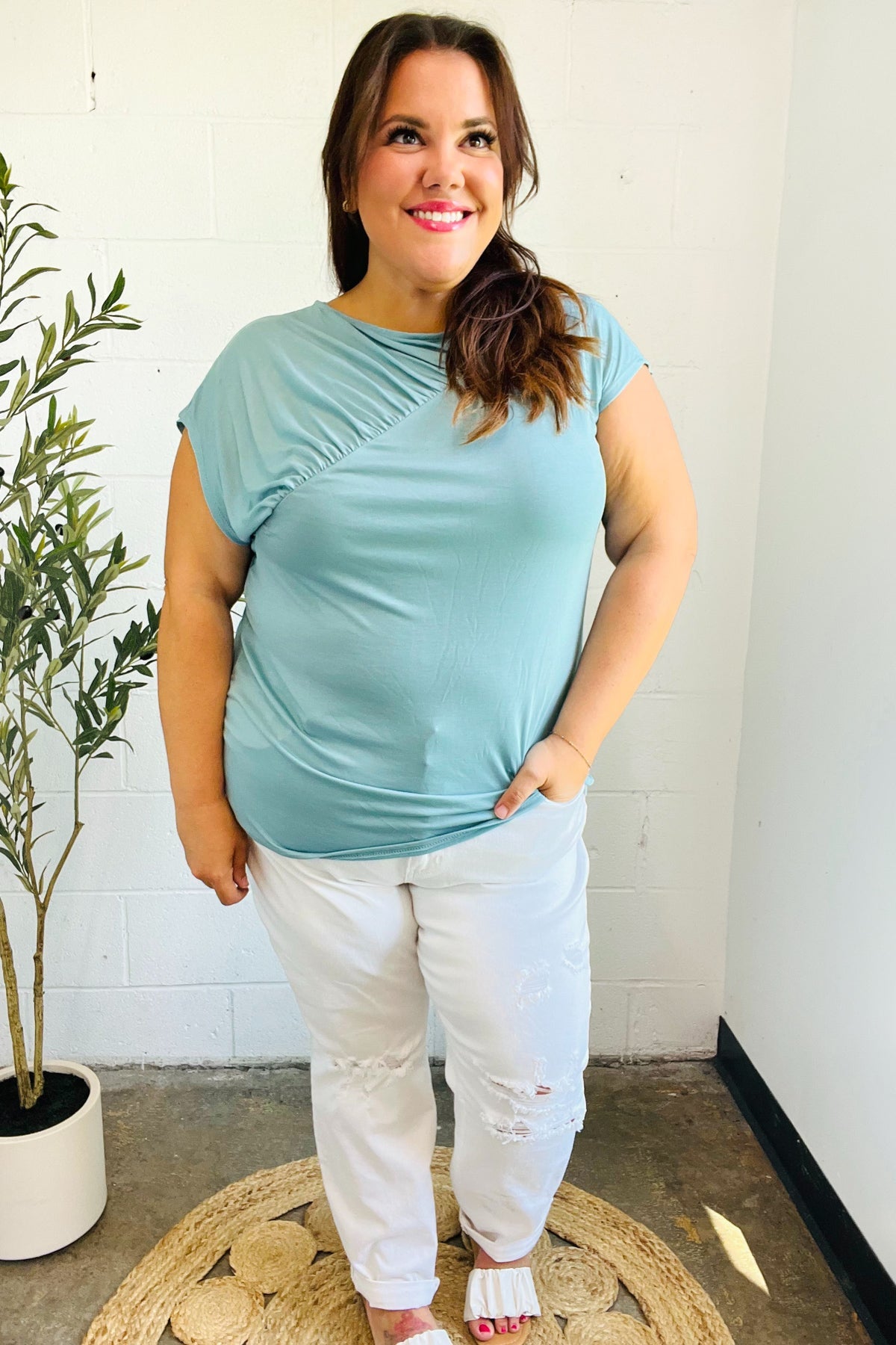 Stylish Aqua Blue Asymmetrical Ruffle Drop Shoulder Modal Blouse for Women | Comfortable & Breathable Summer Top | Perfect for Casual Outings, Beach Vacations & Date Nights