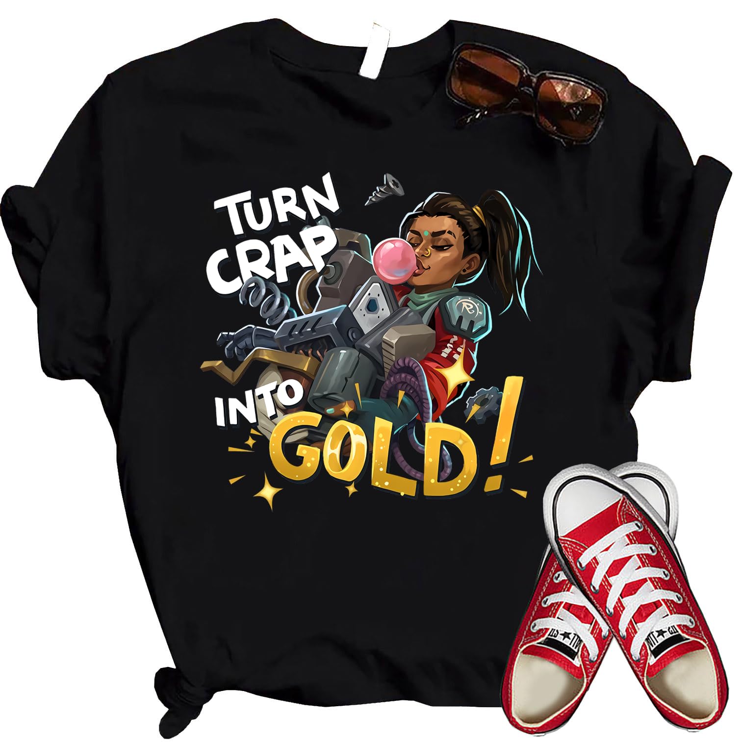 Rampart Turn Crap Into Gold T-Shirt | Apex Legends Holospray Graphic Tee | Funny Gaming Merchandise for Fans | Perfect for Cosplay, Gaming Events & Casual Wear