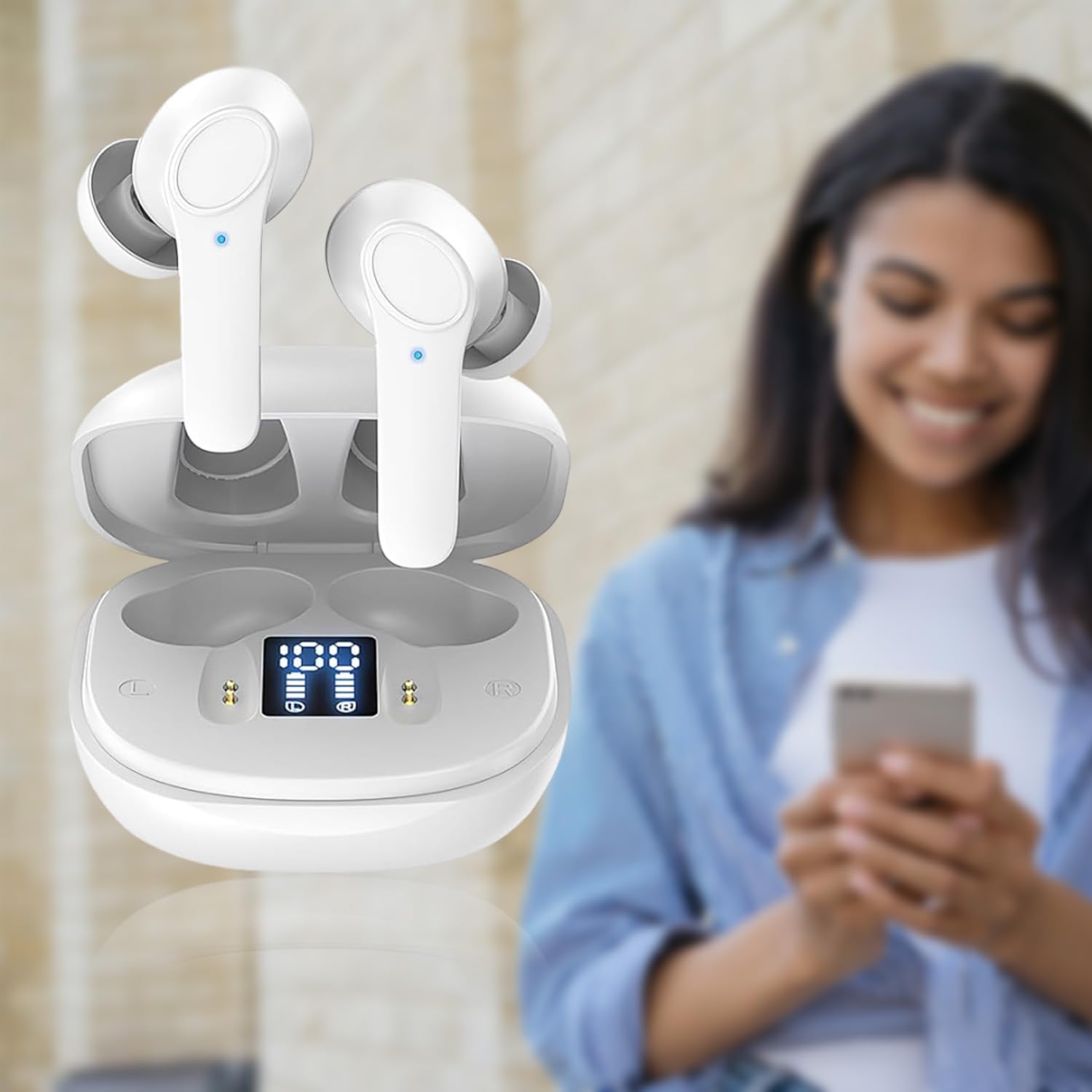 Real-Time Translation Earbuds with 144 Languages & Accents - Bluetooth Translator Earbuds with App Support for Music & Calls, Compatible with iOS & Android (White) - Perfect for Travel, Business Meetings & Language Learning