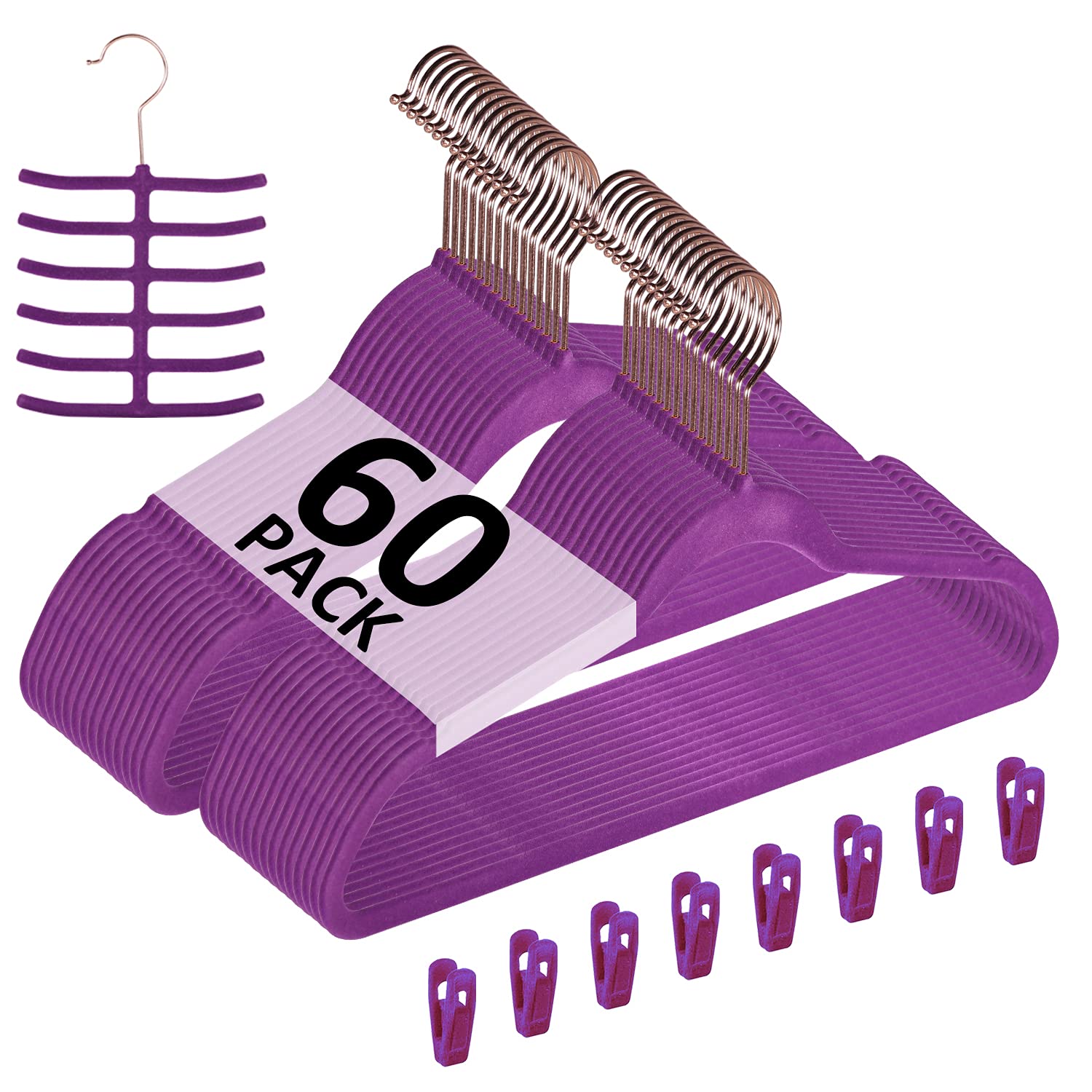 VECELO 60-Pack Premium Velvet Clothes Hangers with 8 Finger Clips & Tie Rack - Heavy Duty Non-Slip Suit Hangers for Men & Women, Space-Saving Wardrobe Organizer (Purple) - Perfect for Closet Organization, Dry Cleaning Storage & Travel Luggage Packing