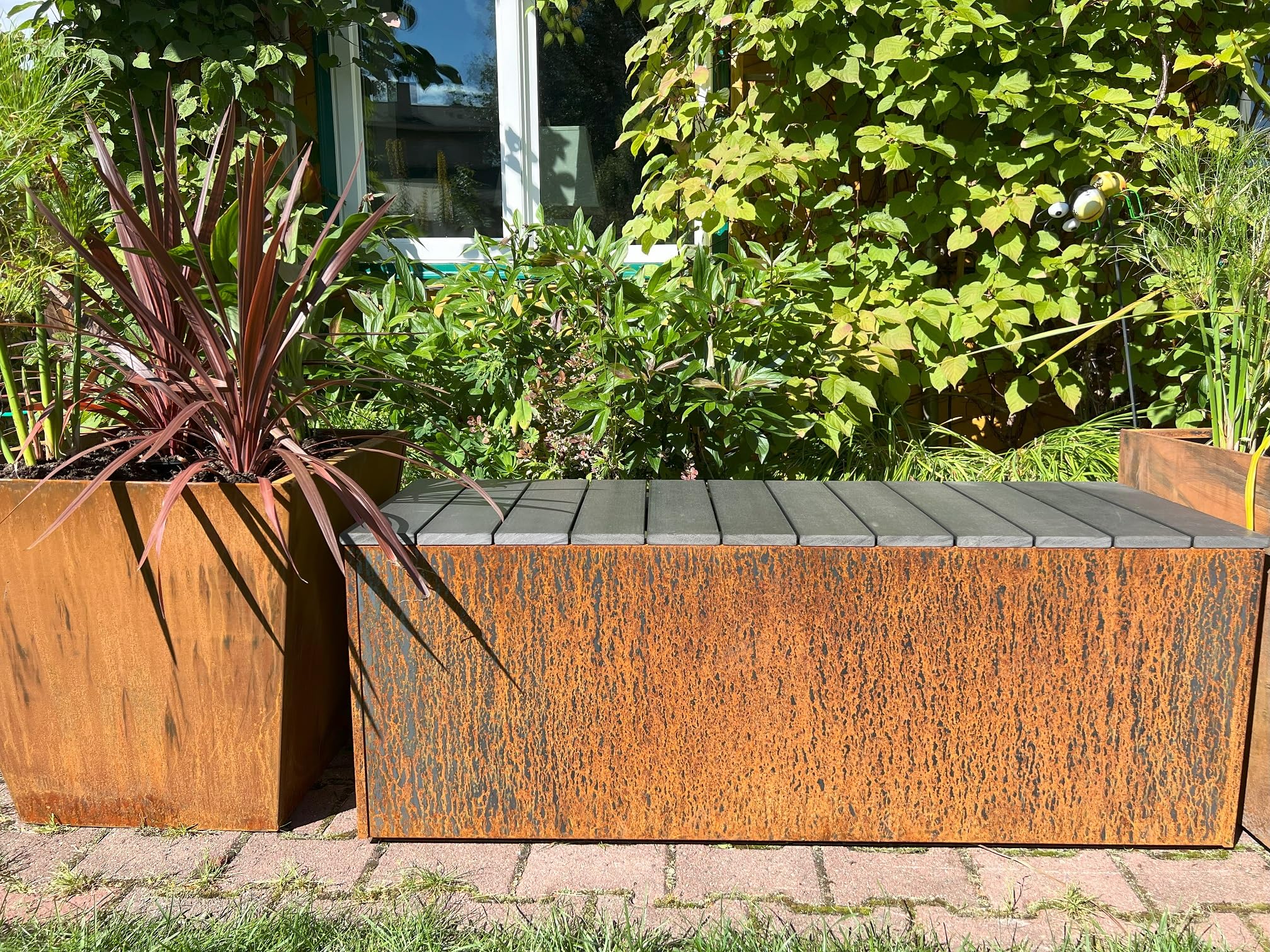 Rustic Corten Steel Planter Bench Trough - Modern Garden Seating with Built-in Planter Box for Outdoor Patio, Deck, or Backyard Decor