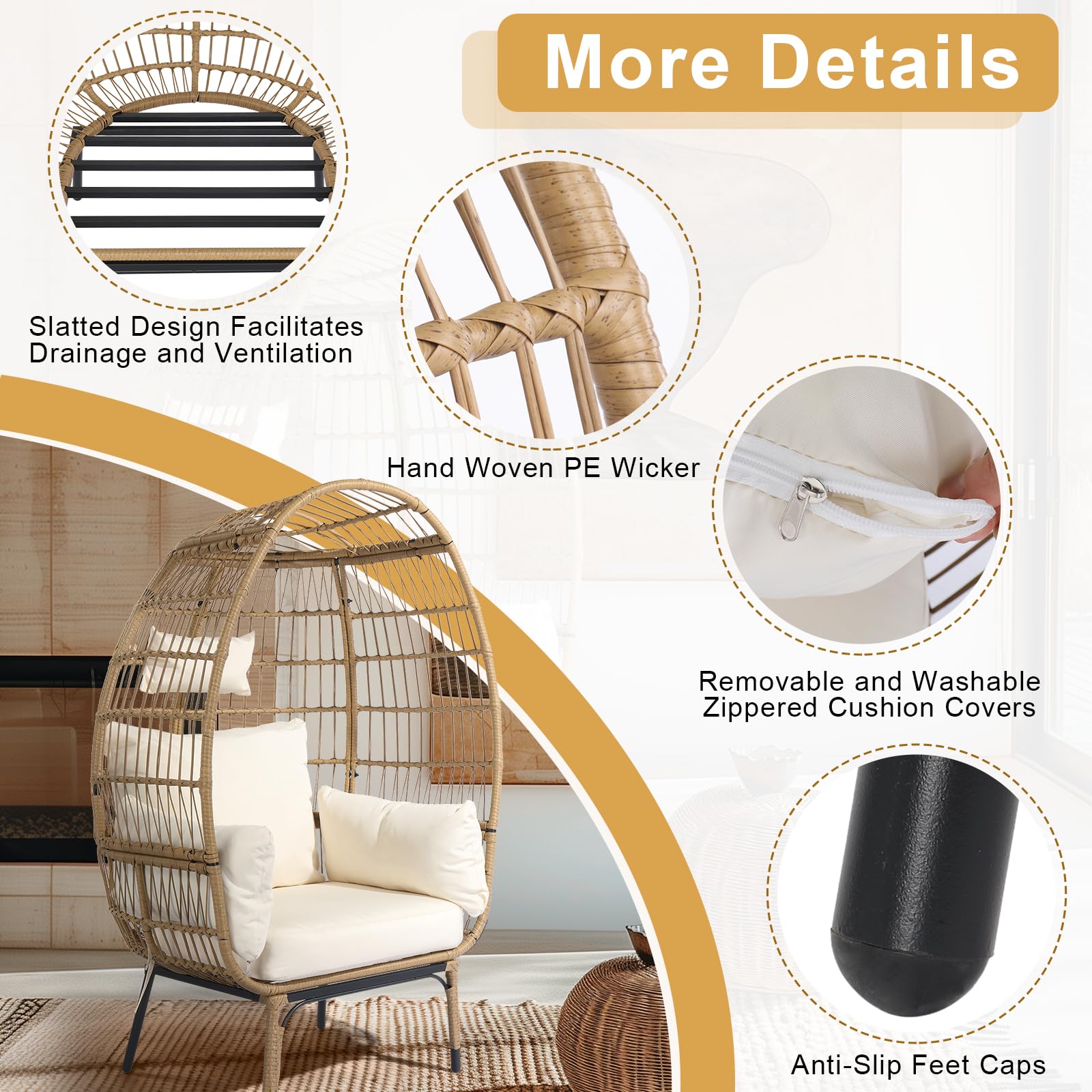 VINGLI Oversized Wicker Egg Chair with Cushions - 600lb Capacity Indoor/Outdoor Hanging Chair for Patio, Porch, Backyard, Living Room & Balcony - Perfect for Relaxing, Reading & Sunbathing (Yellow)