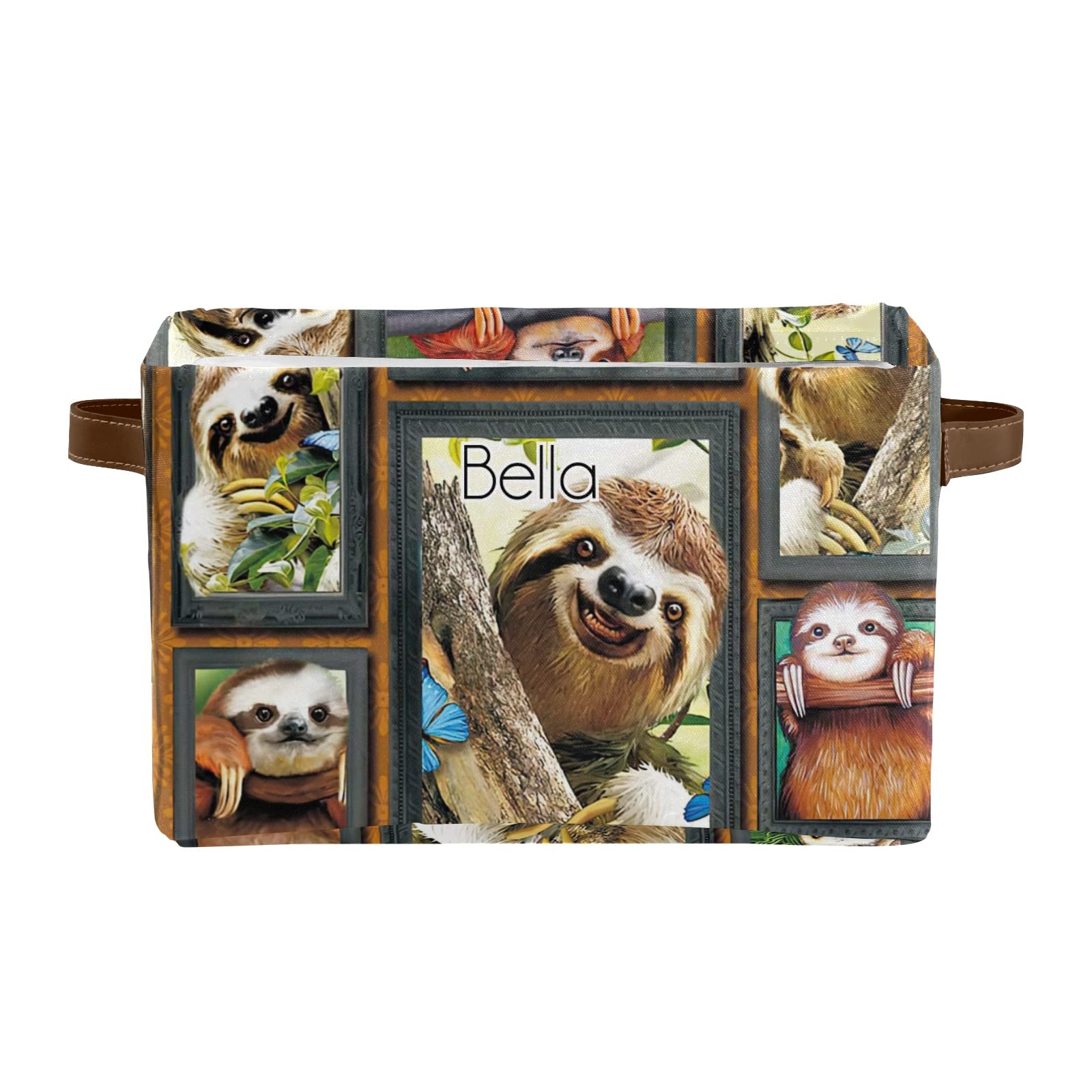 Personalized Funny Sloth Canvas Storage Bins with Name - 2 Pack Organizer Baskets with Leather Handles for Office, Bathroom, Nursery & Closet Organization - Perfect for Toys, Towels & Home Decor Storage