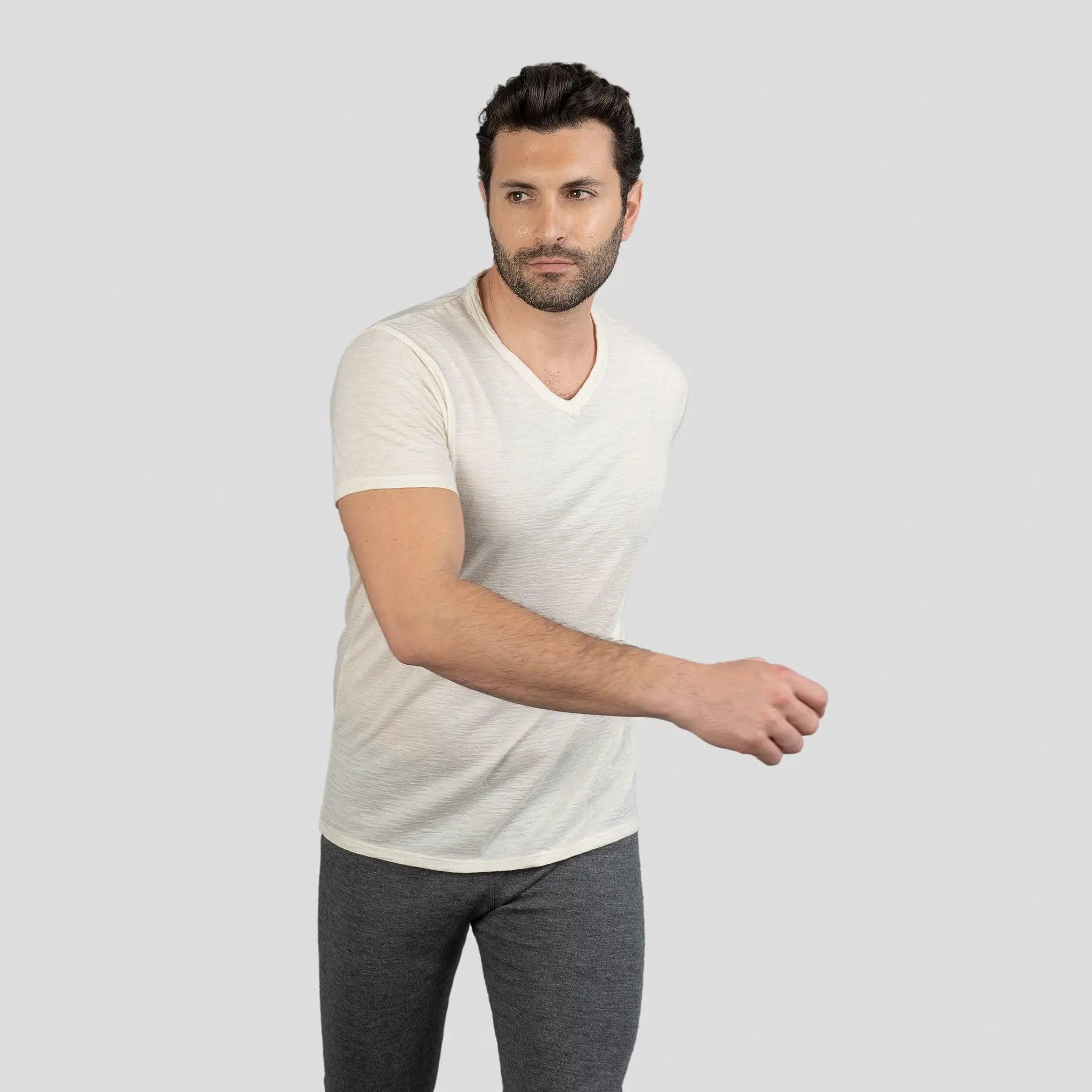 Ultralight Men's Alpaca Wool V-Neck T-Shirt - 160 GSM Soft Breathable Tee for Outdoor Hiking & Casual Wear