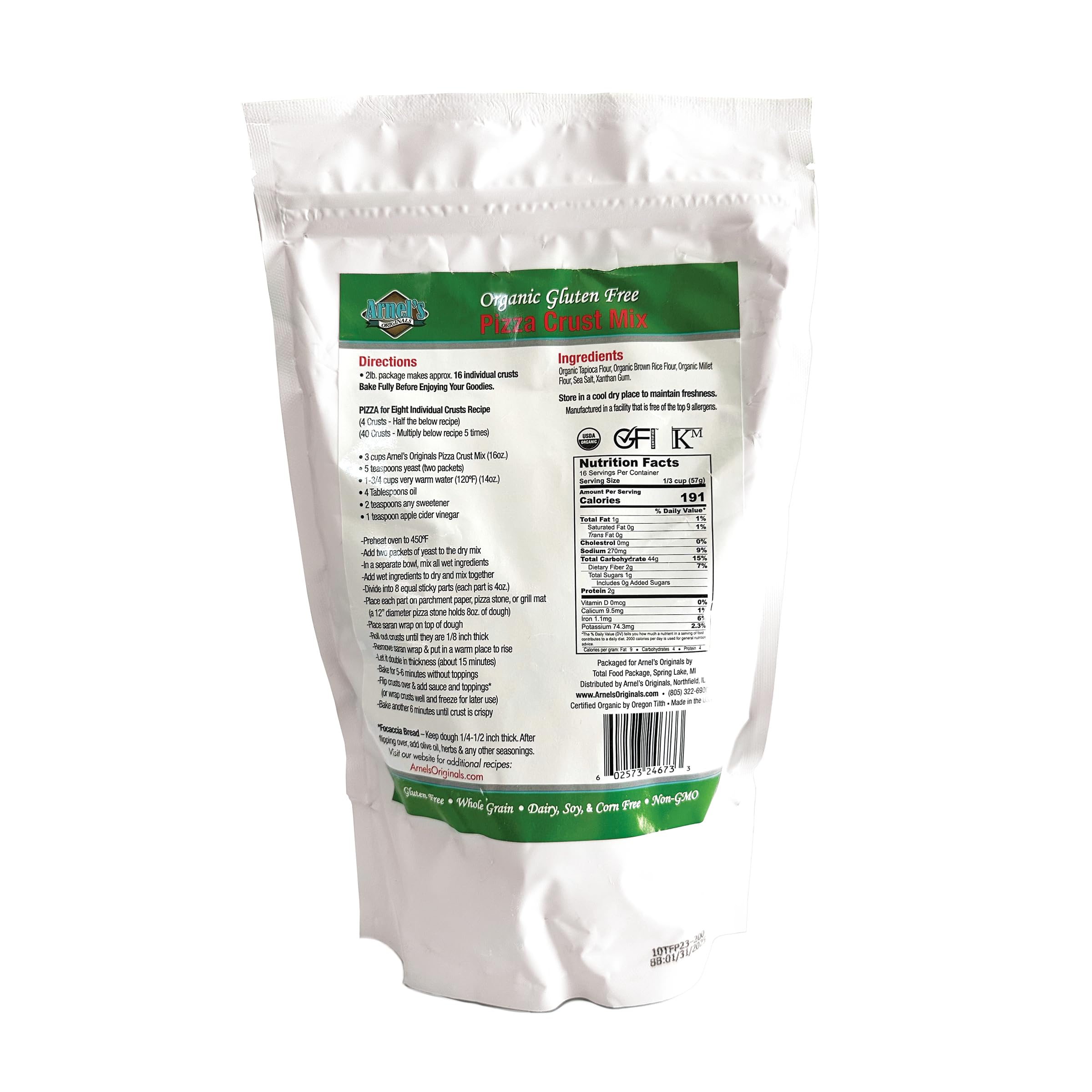 Arnel’s Originals Gluten Free Pizza Crust Mix - Certified Organic, Non-GMO, Kosher - 2 lb Bag for Easy Homemade Pizza Baking | Perfect for Celiac Diet, Vegan & Healthy Lifestyle