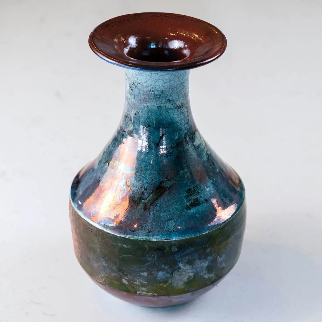 Large Raku Decorative Pot - Turquoise, Copper & Green Ceramic Planter - Handcrafted Creative Collection for Home & Garden Decor