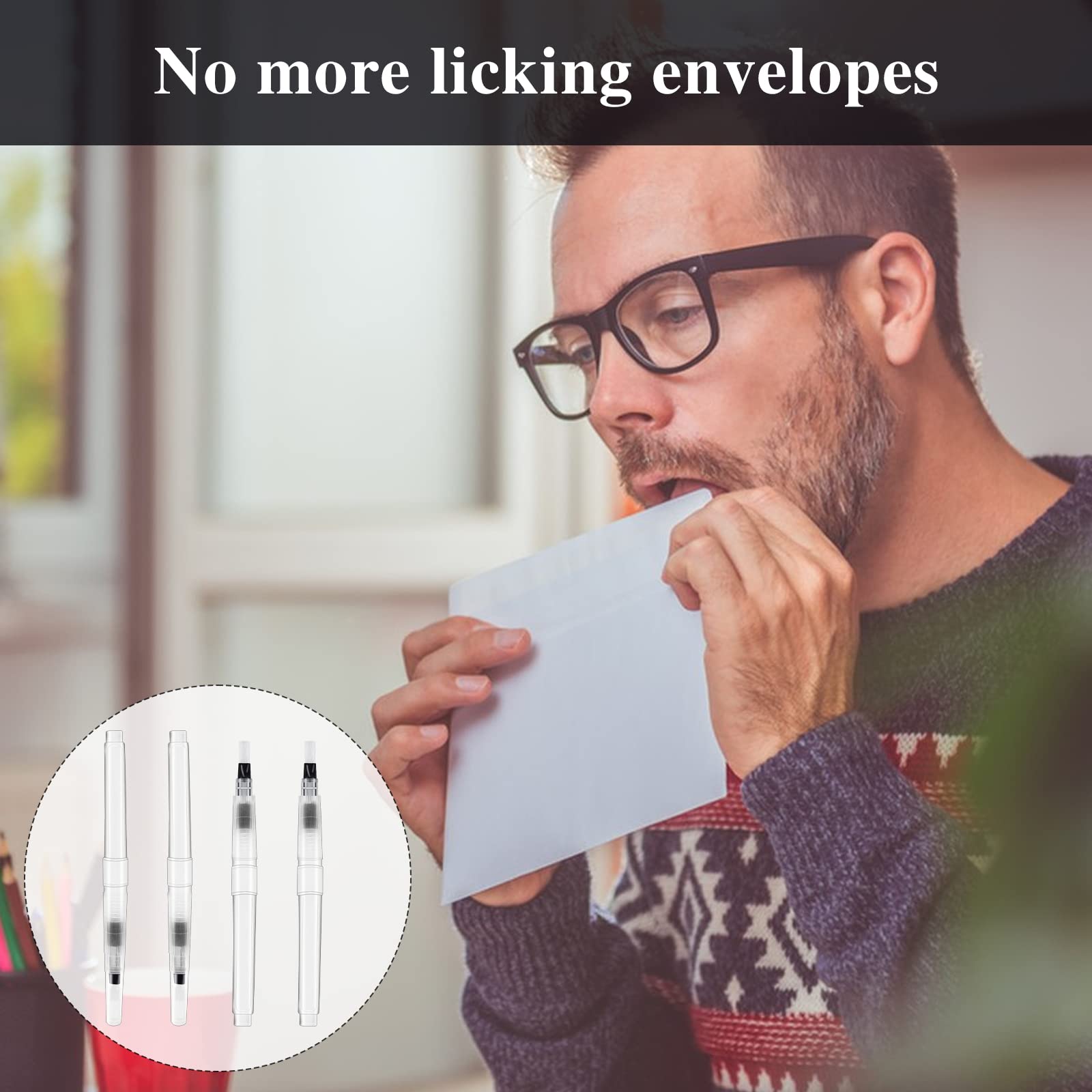 4Pcs Envelope Moistener with Brush Head - Pencil Style Envelope & Stamp Sealer for Mailing, Invitations, Greeting Cards - Self-Adhesive Alternative for Home & Office Use