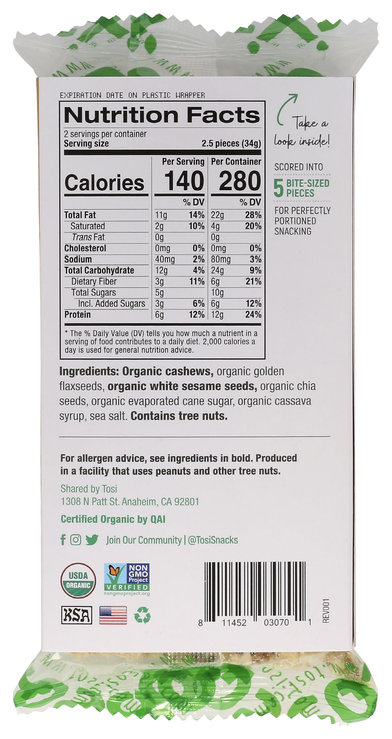 Organic SuperBites Vegan Snacks - Cashew Flavor, 2.4 Oz (Pack of 1) | Healthy Plant-Based Protein Snack for On-the-Go, Work, School & Travel