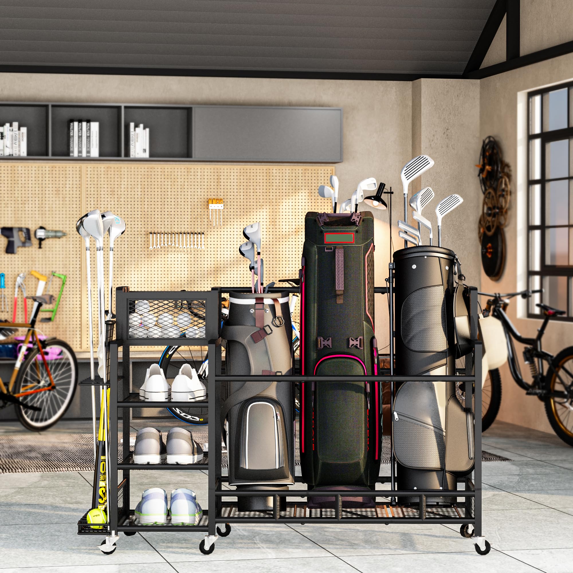 Recaceik Large Golf Storage Organizer with Wheels - Metal Golf Bag Stand & Accessories Rack for Garage, Shed, Basement (Black) | Perfect for Golf Club Storage & Organization in Home, Garage or Outdoor Spaces