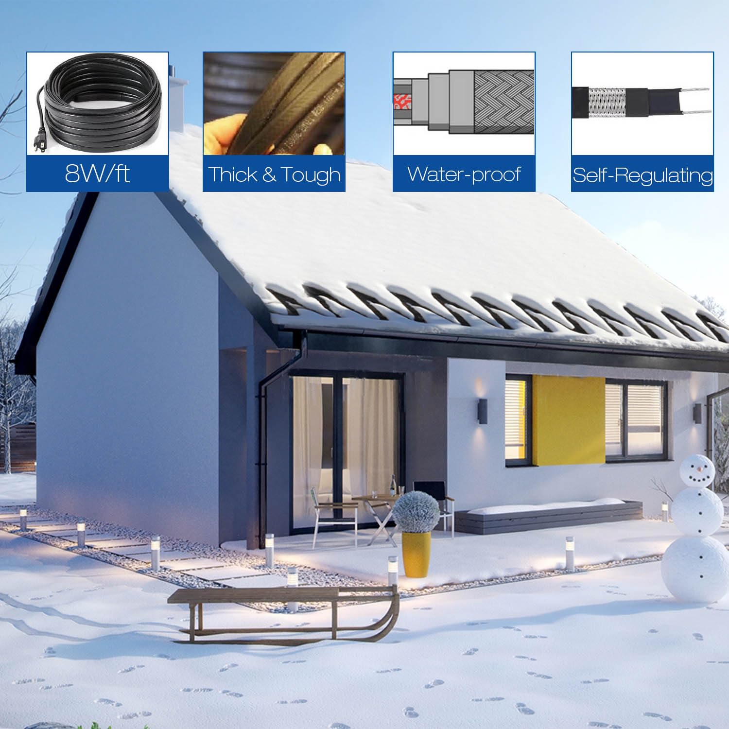 Self-Regulating Roof Heat Cable - 8W/ft 80ft Plug-in Ready Snow Melting Kit for Roof & Gutters | Ice Dam Prevention | Winter Home Protection for Houses in Cold Climates