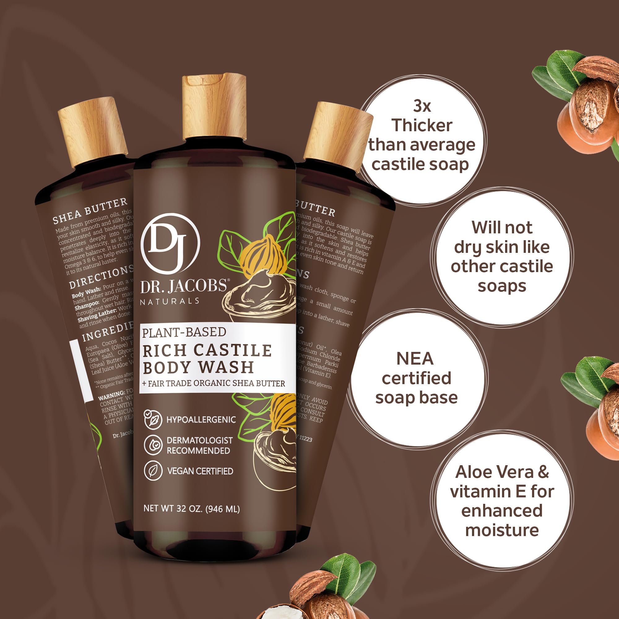 DR. JACOBS NATURALS Castile Shea Butter All-Natural Body Wash & Shampoo for Dry, Sensitive Skin - Plant-Based, Moisturizing Formula, Gluten & Preservative-Free - 32 oz (Pack of 1) - Perfect for Daily Shower & Gentle Hair Care