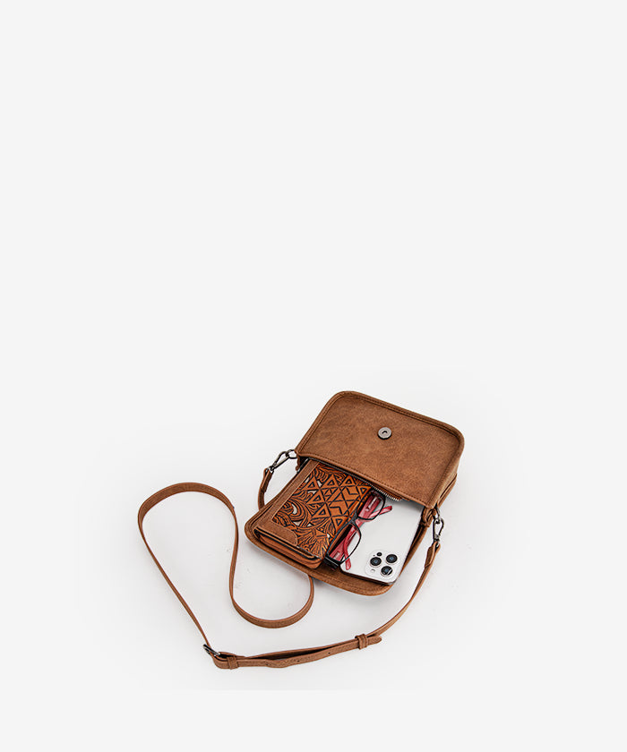 Trinity Ranch Aztec Tooled Leather Crossbody Purse for Women - Stylish Boho Handbag for Everyday Use, Travel & Casual Outings
